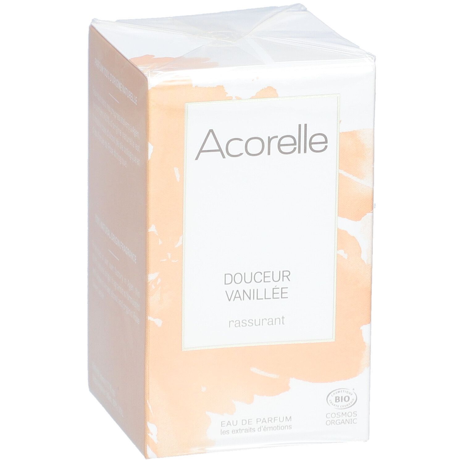 Confezione Acorelle. Bianca e beige. Scritta: Douceur Vanillée, Eau de Parfum, Bio.