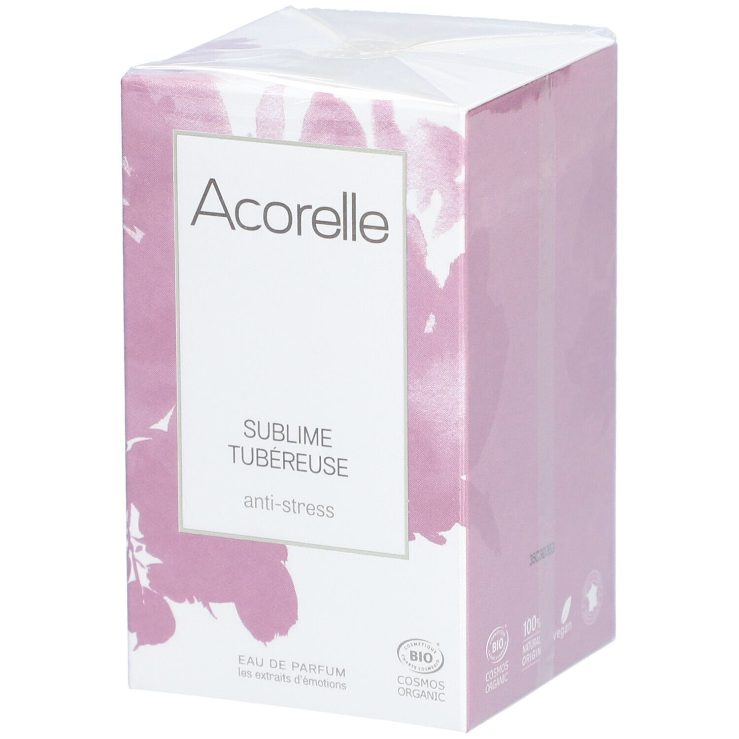 Scatola Acorelle Eau de Parfum Sublime Tuberose. Confezione rosa con logo e nome del prodotto. Certificazione bio.