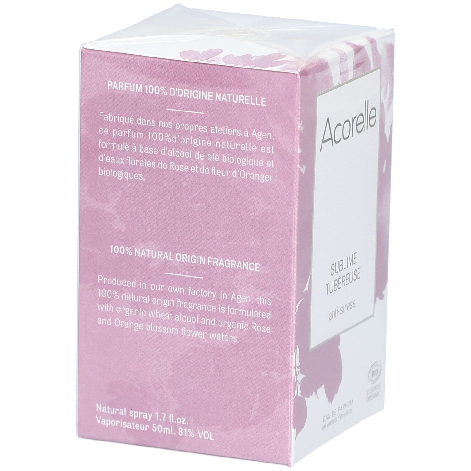 Scatola Acorelle Eau de Parfum Sublime Tuberose. Testo: 100% origine naturale, 1,7 fl.oz, 50ml, 81% vol.