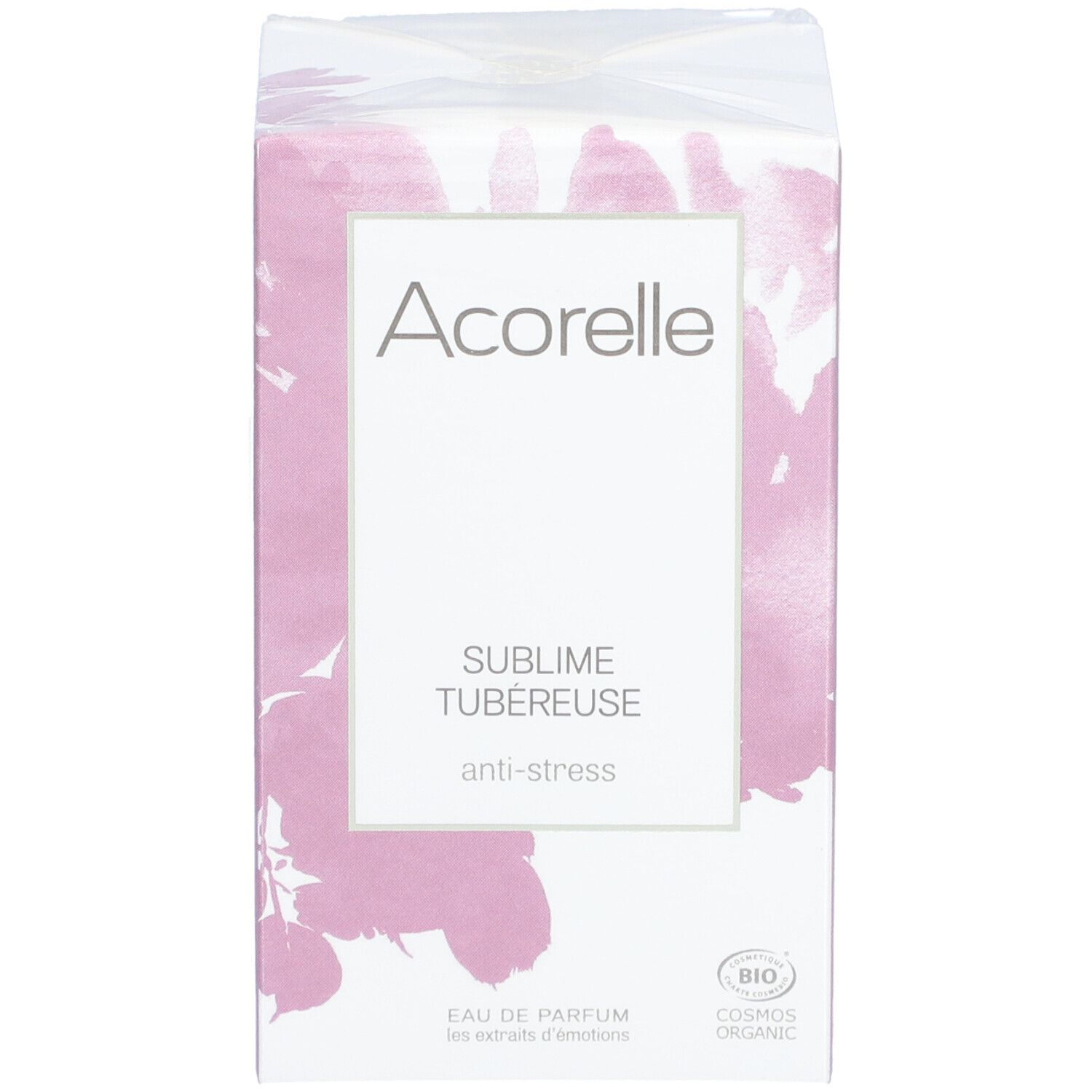 Scatola Acorelle Eau de Parfum Sublime Tuberose. Confezione rosa con logo e nome del prodotto. Certificazione bio.
