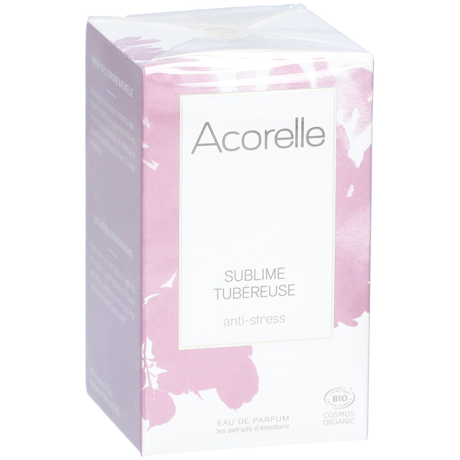 Scatola Acorelle Eau de Parfum Sublime Tuberose. Confezione rosa con logo e nome del prodotto. Certificazione bio.