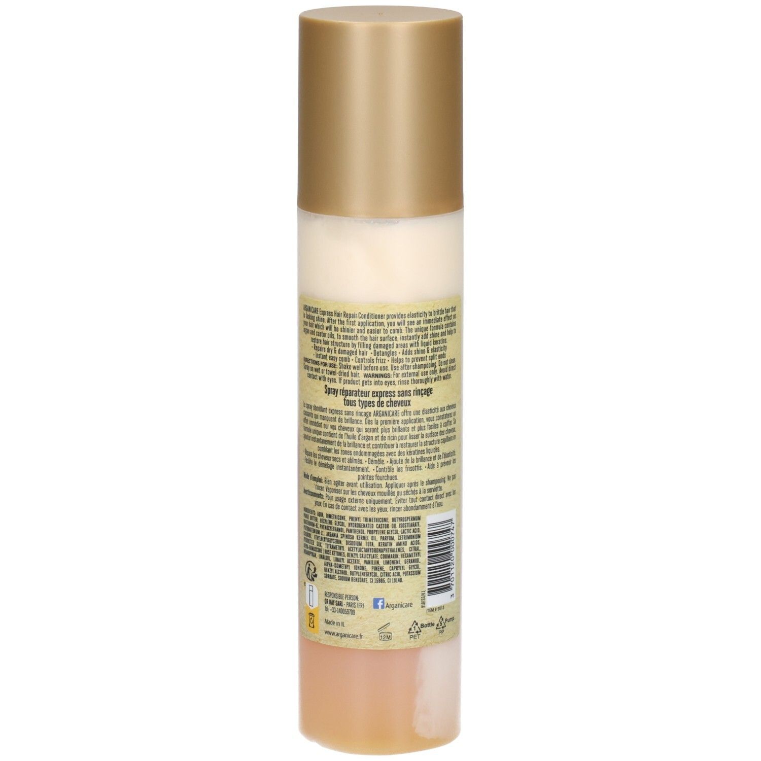 Arganicare Spray Balsamo Express Riparatore Capelli, retro con ingredienti e certificazioni.
