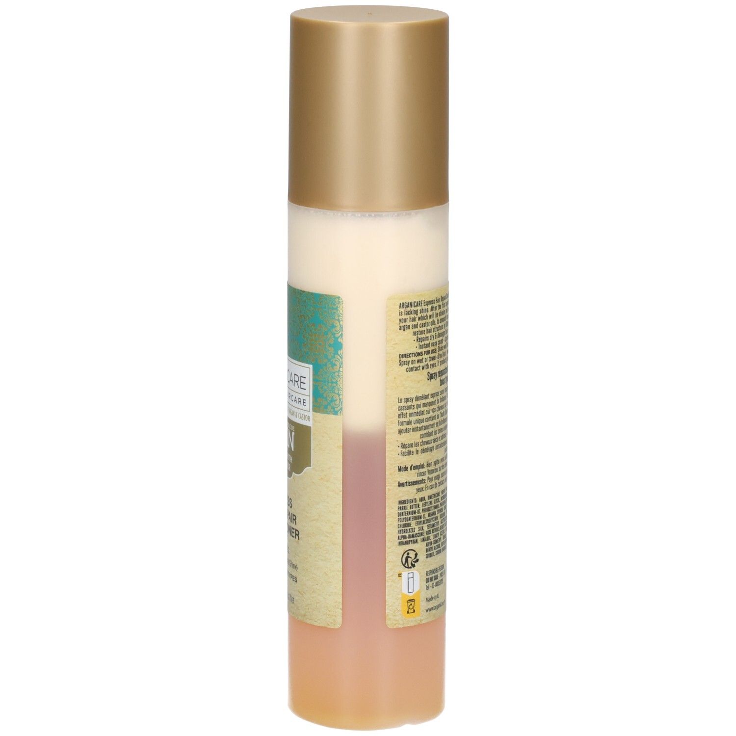 Arganicare Spray Balsamo Express Riparatore Capelli, retro con istruzioni.