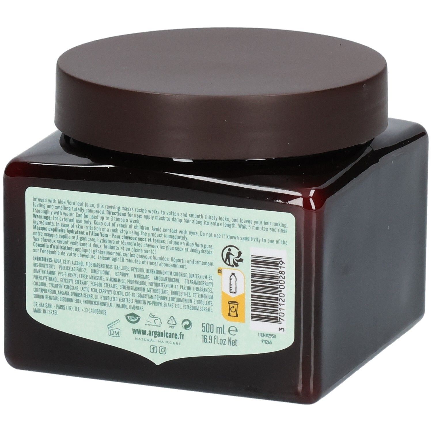 Retro di un barattolo Arganicare Maschera per Capelli all'Aloe Vera, 500 ml, con istruzioni.