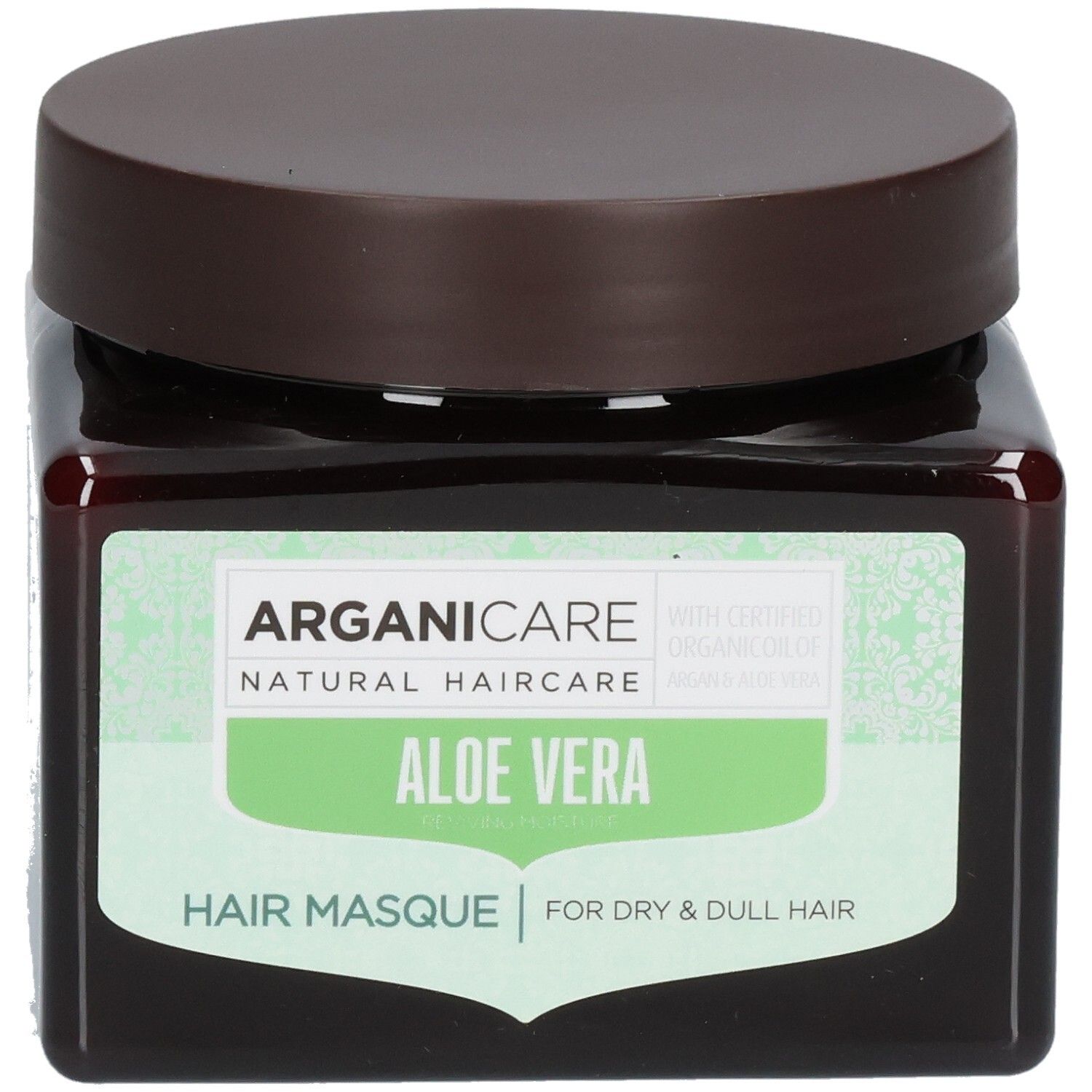 Arganicare Maschera per Capelli all'Aloe Vera per capelli secchi e spenti in un barattolo marrone.