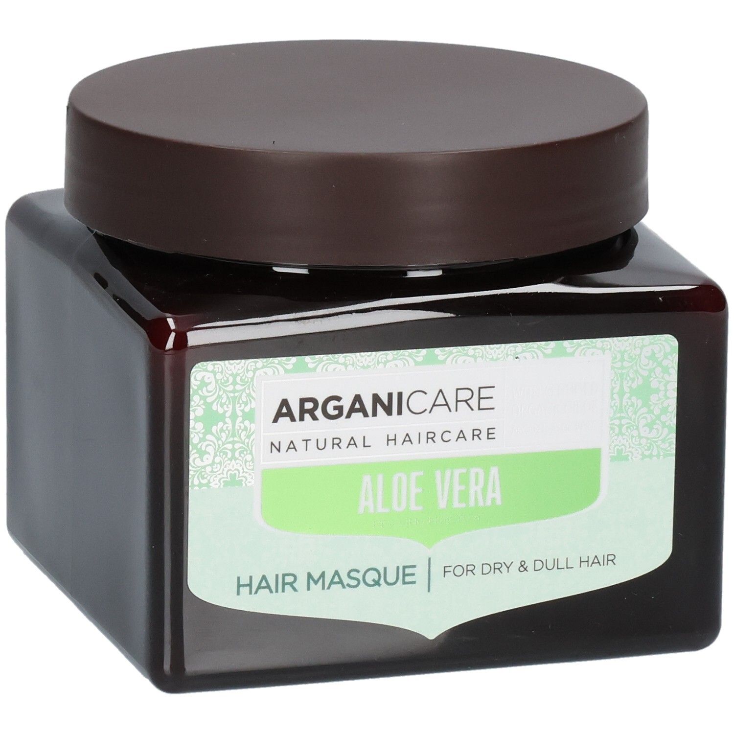 Arganicare Maschera per Capelli all'Aloe Vera per capelli secchi e spenti in un barattolo marrone.