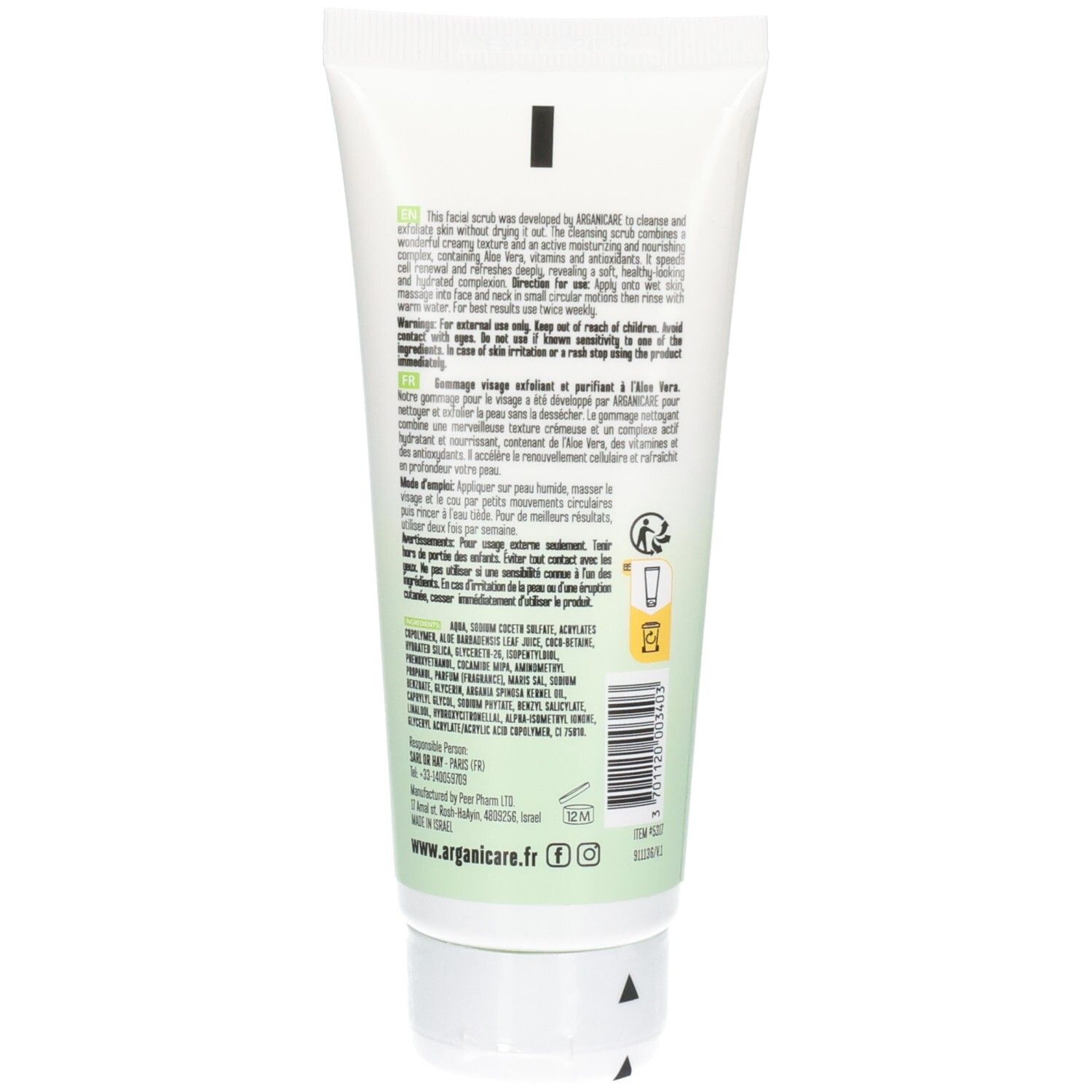 Arganicare Aloe Hydra Peeling e scrub viso purificante, vista posteriore del tubo.