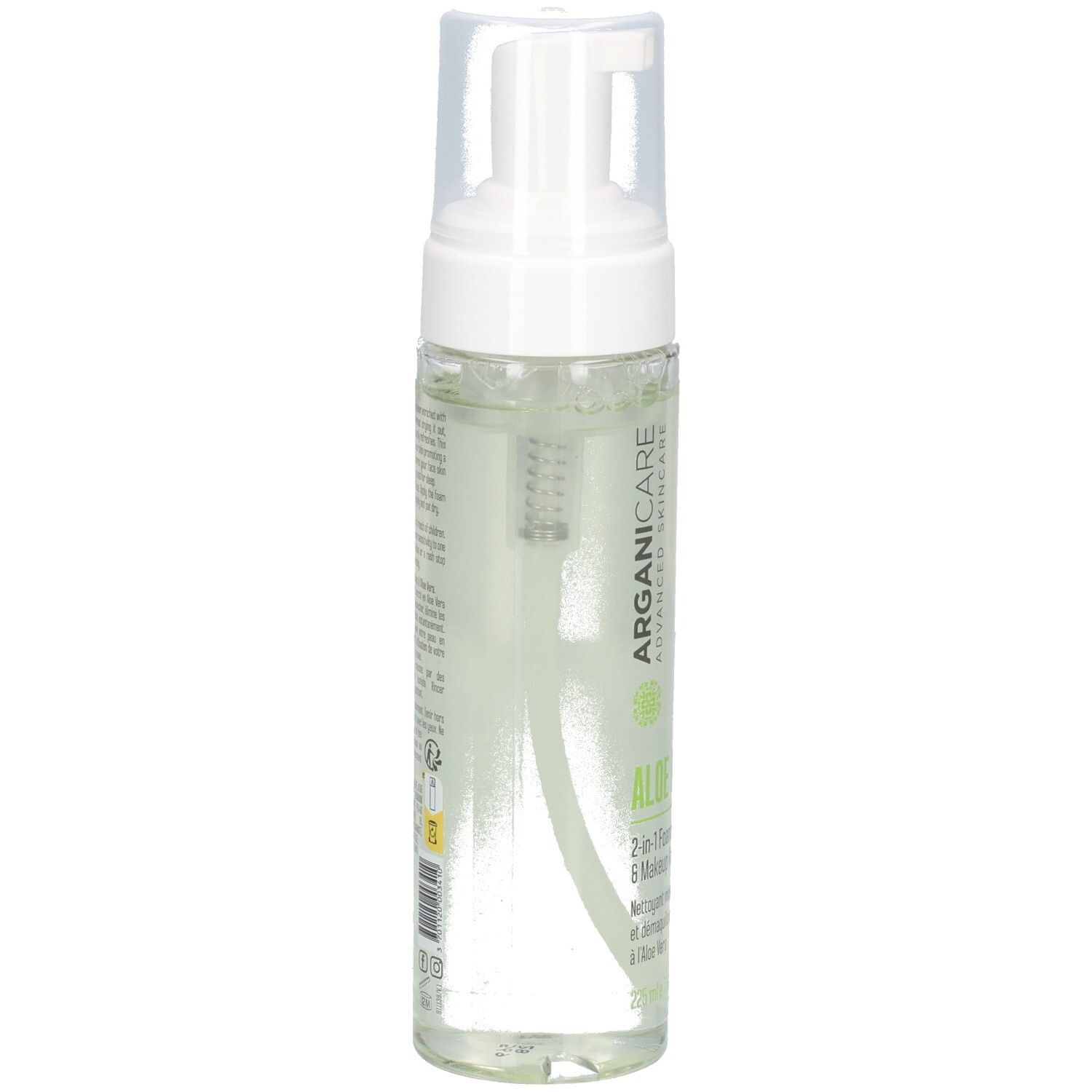 Arganicare Aloe Hydra Lozione schiumogena 2-in-1 e struccante, 225 ml.