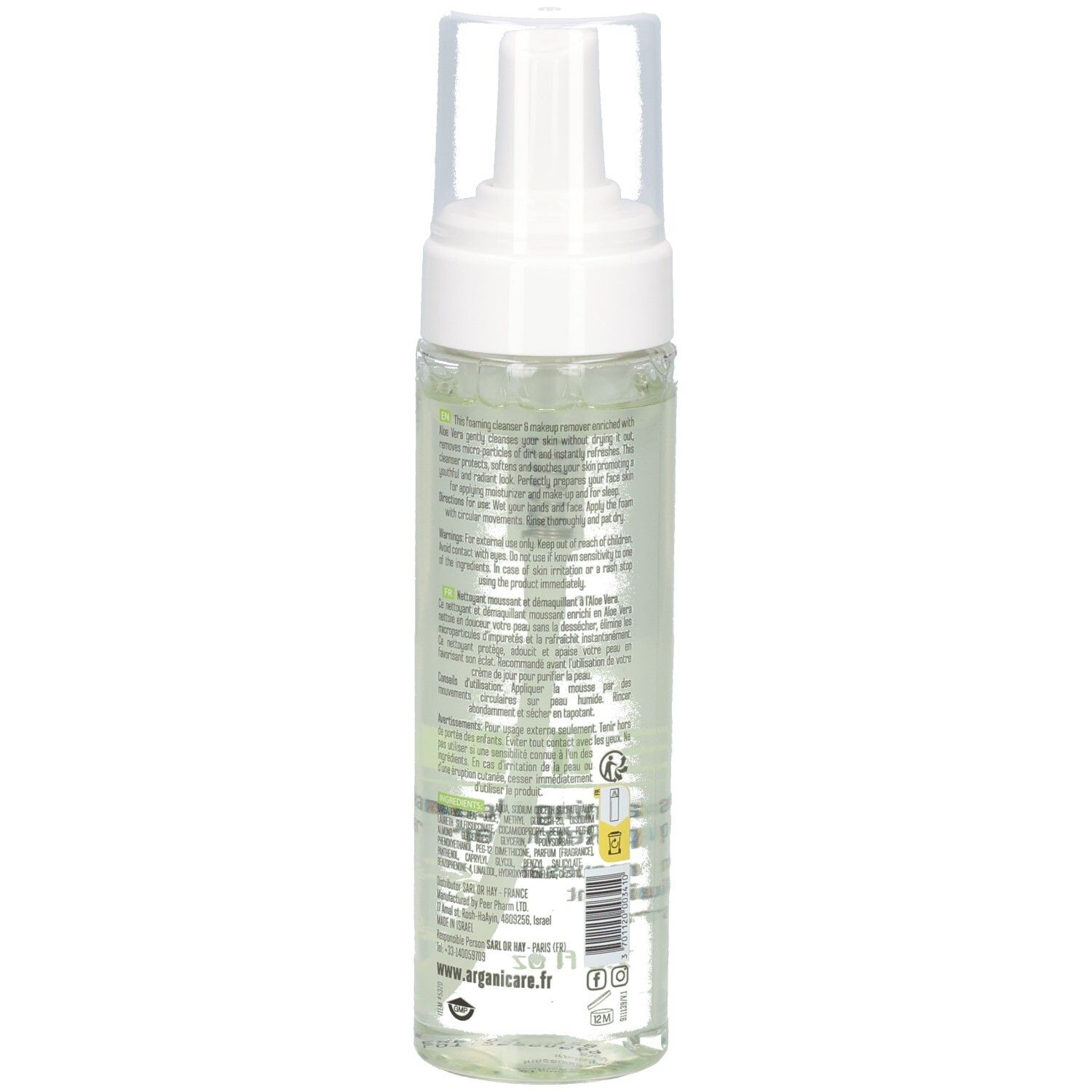 Arganicare Aloe Hydra Lozione schiumogena 2-in-1 e struccante, 225 ml, vista posteriore.