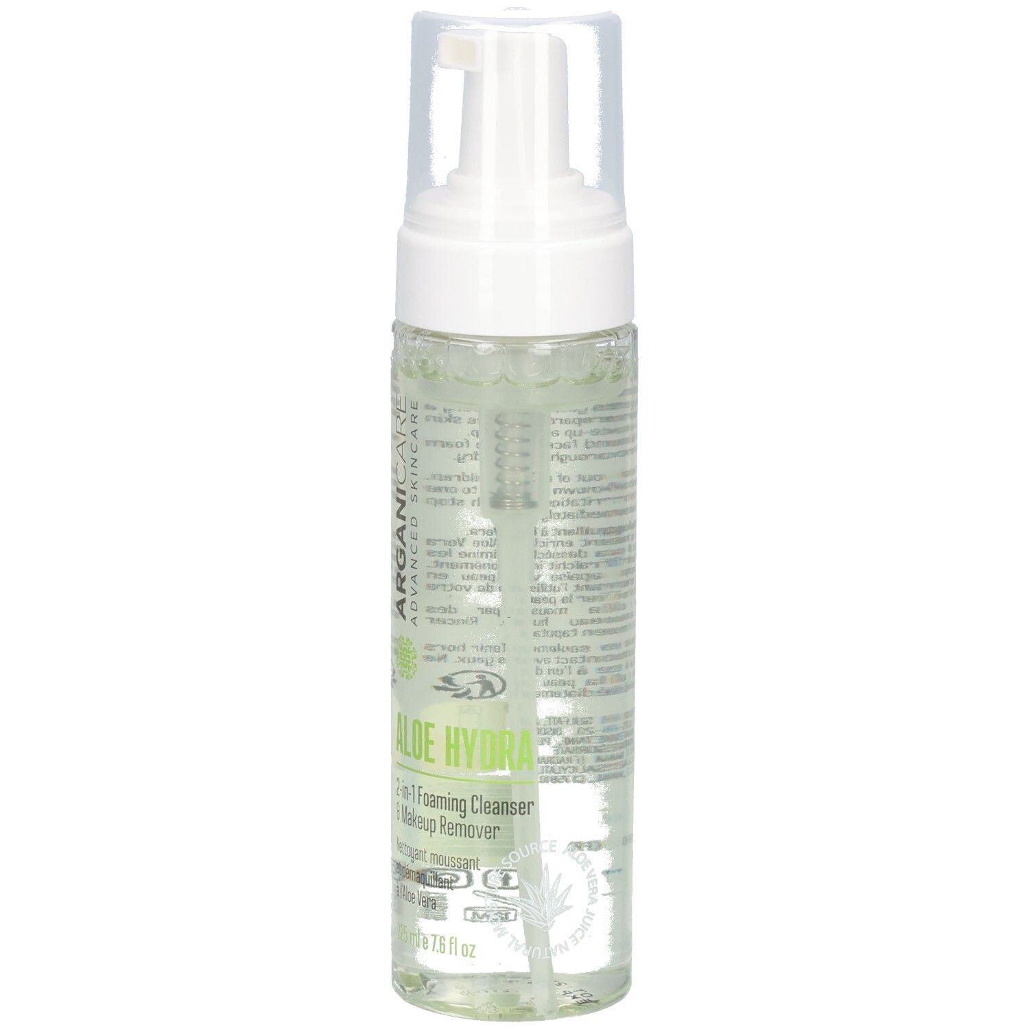 Arganicare Aloe Hydra Lozione schiumogena 2-in-1 e struccante, 225 ml.