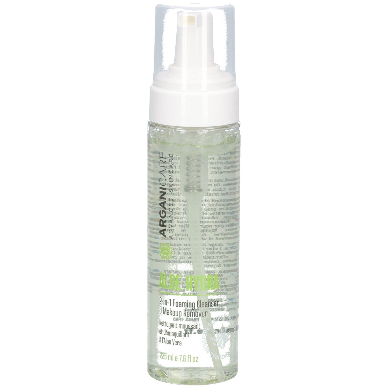 Arganicare Aloe Hydra Lozione schiumogena 2-in-1 e struccante, 225 ml.