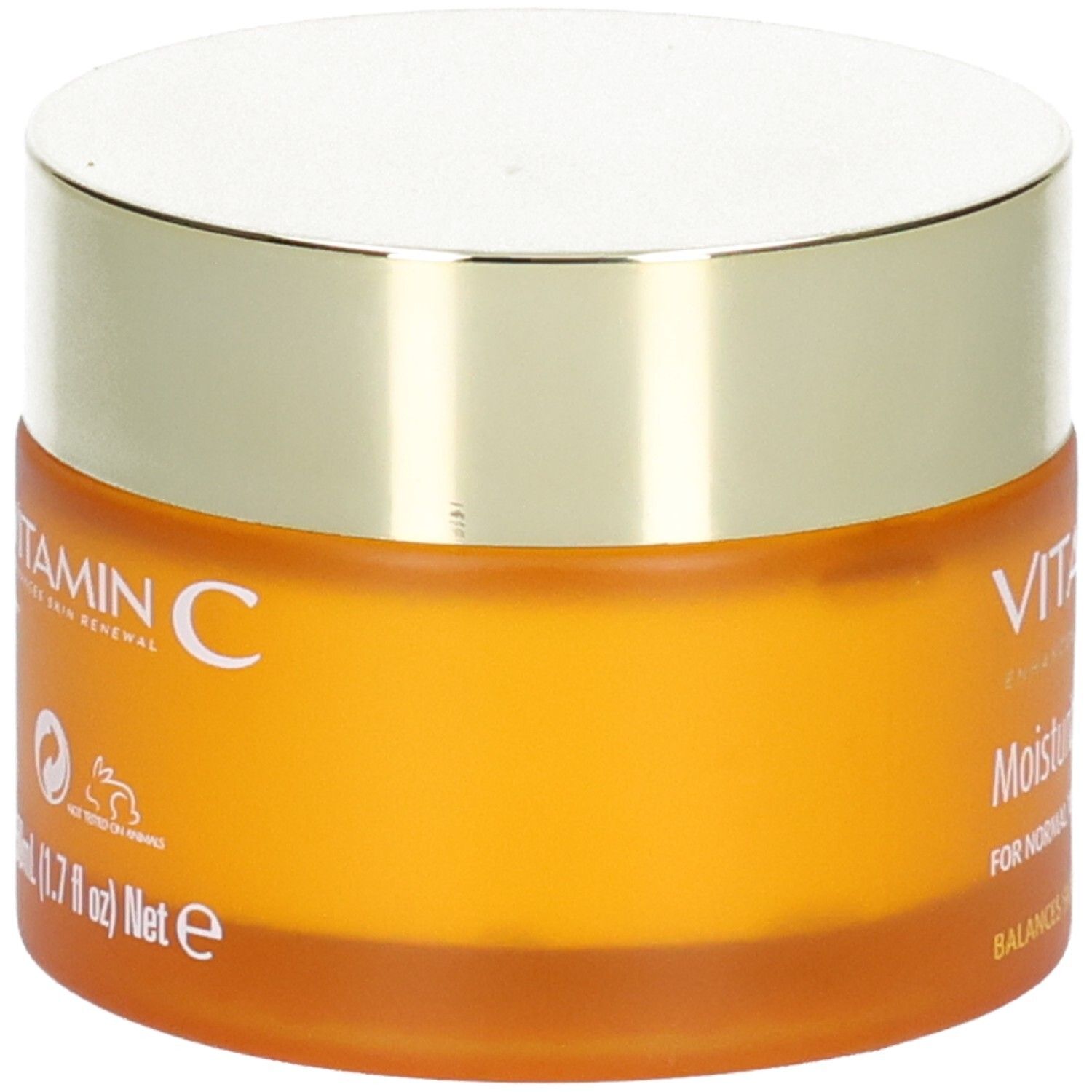 Vasetto arancione con coperchio dorato, scritta "VITAMIN C" e "50ml (1.7 fl oz) Net e".