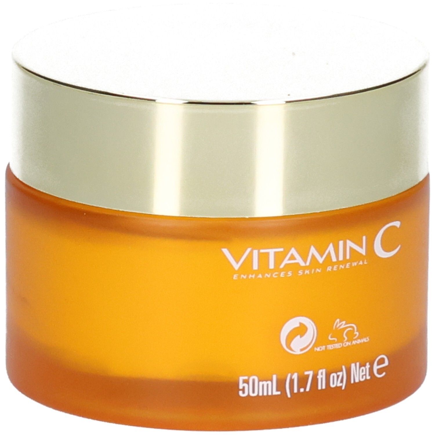 Vasetto arancione con coperchio dorato, scritta "VITAMIN C" e "50ml (1.7 fl oz) Net e".