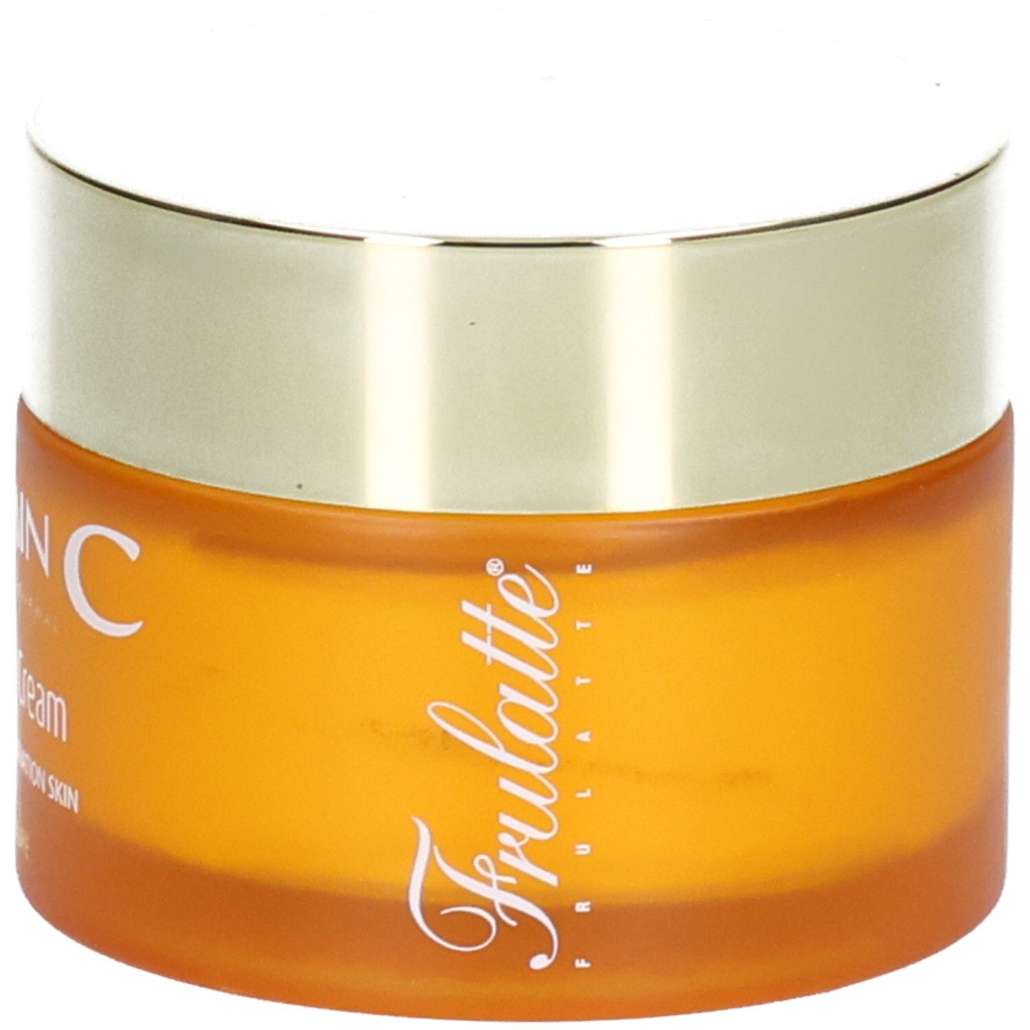 Vasetto arancione con coperchio dorato, scritta "VITAMIN C" e "Frulatte".