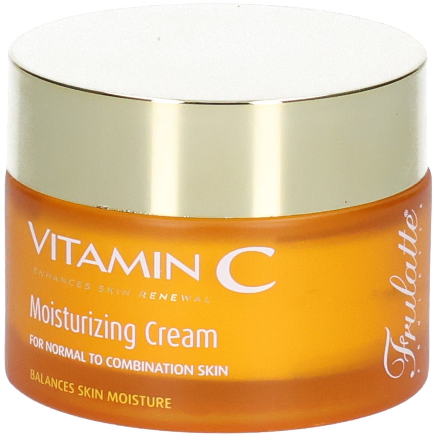 Vasetto arancione con coperchio dorato, scritta "VITAMIN C Moisturizing Cream" e "Frulatte".