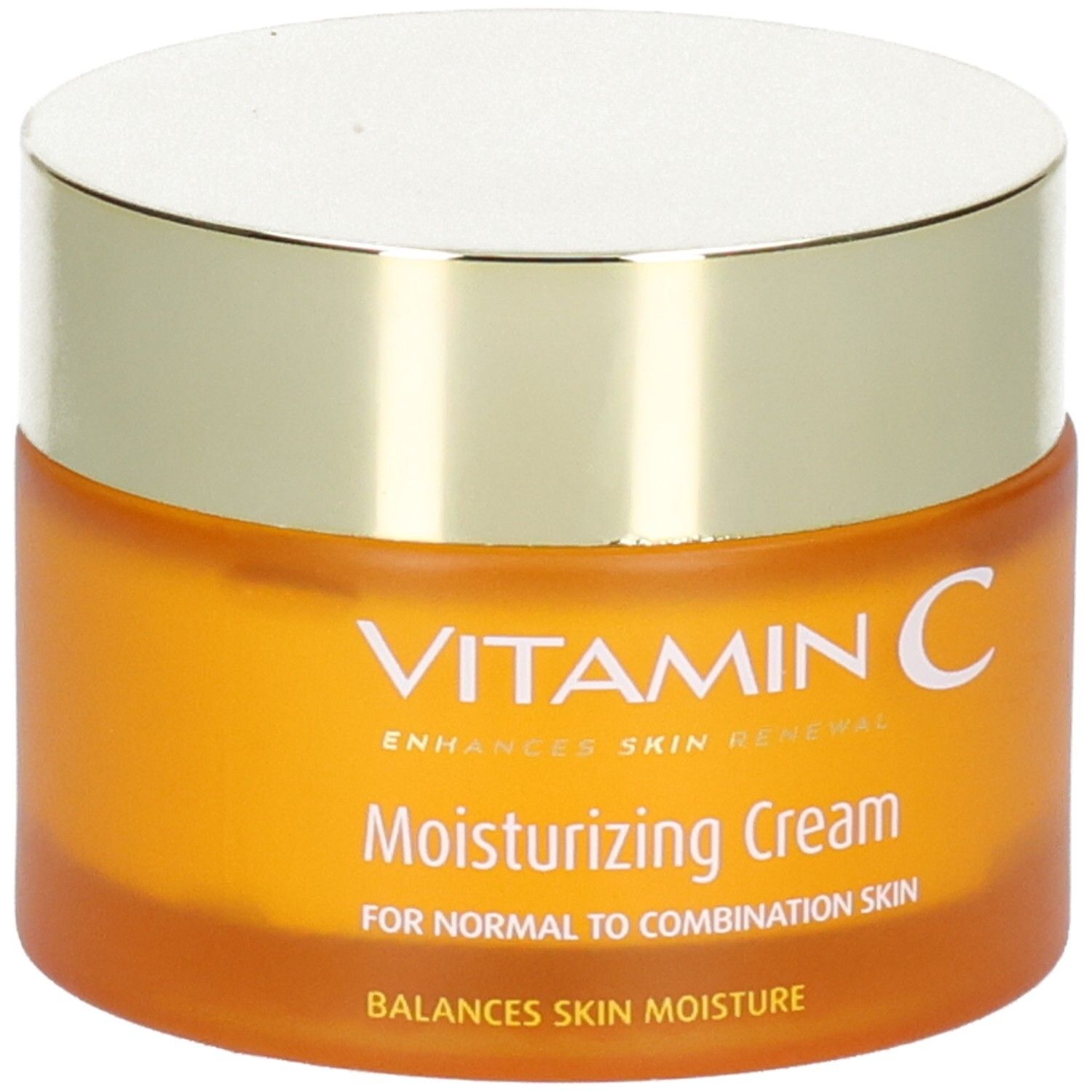 Vasetto arancione con coperchio dorato, scritta "VITAMIN C Moisturizing Cream" e "Frulatte".