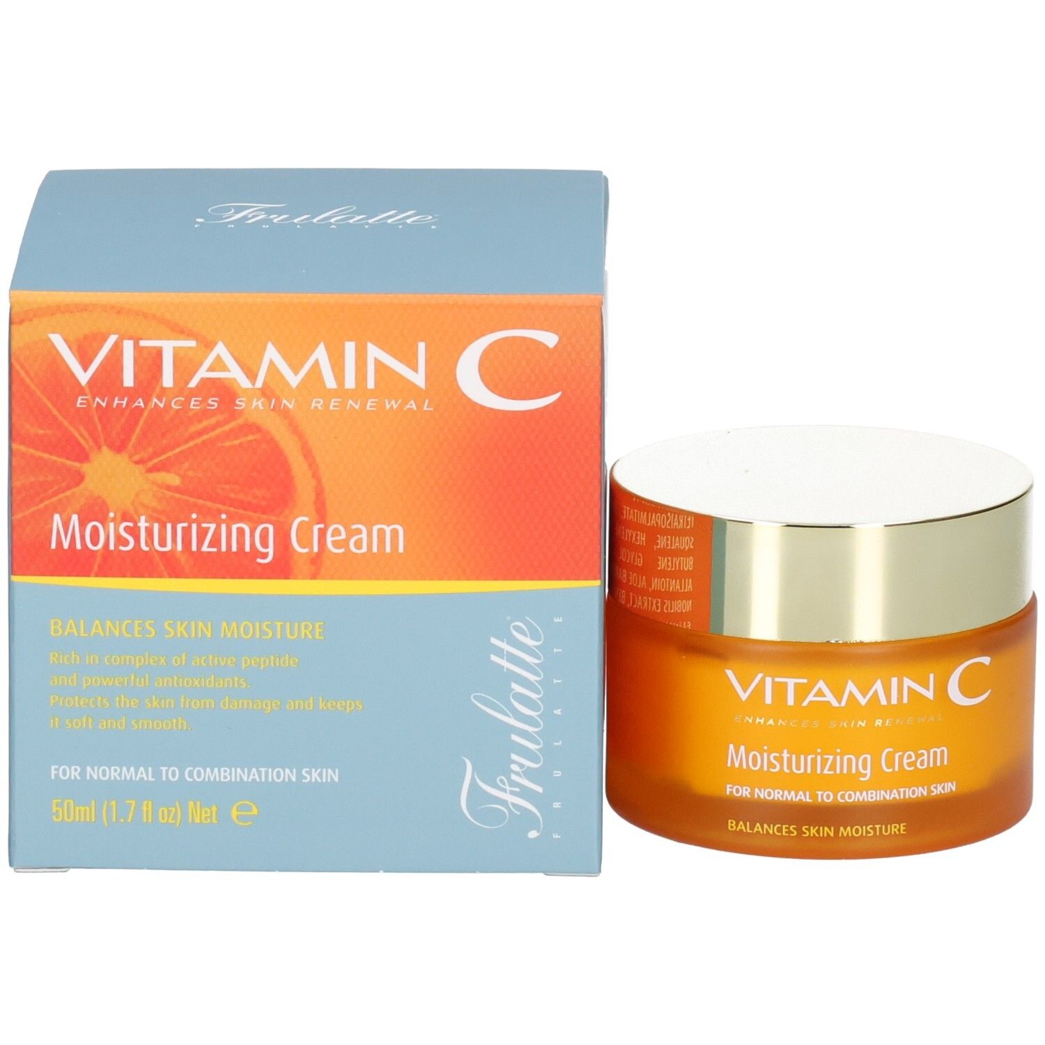 Vasetto arancione e scatola di cartone, scritta "VITAMIN C Moisturizing Cream" e "Frulatte".