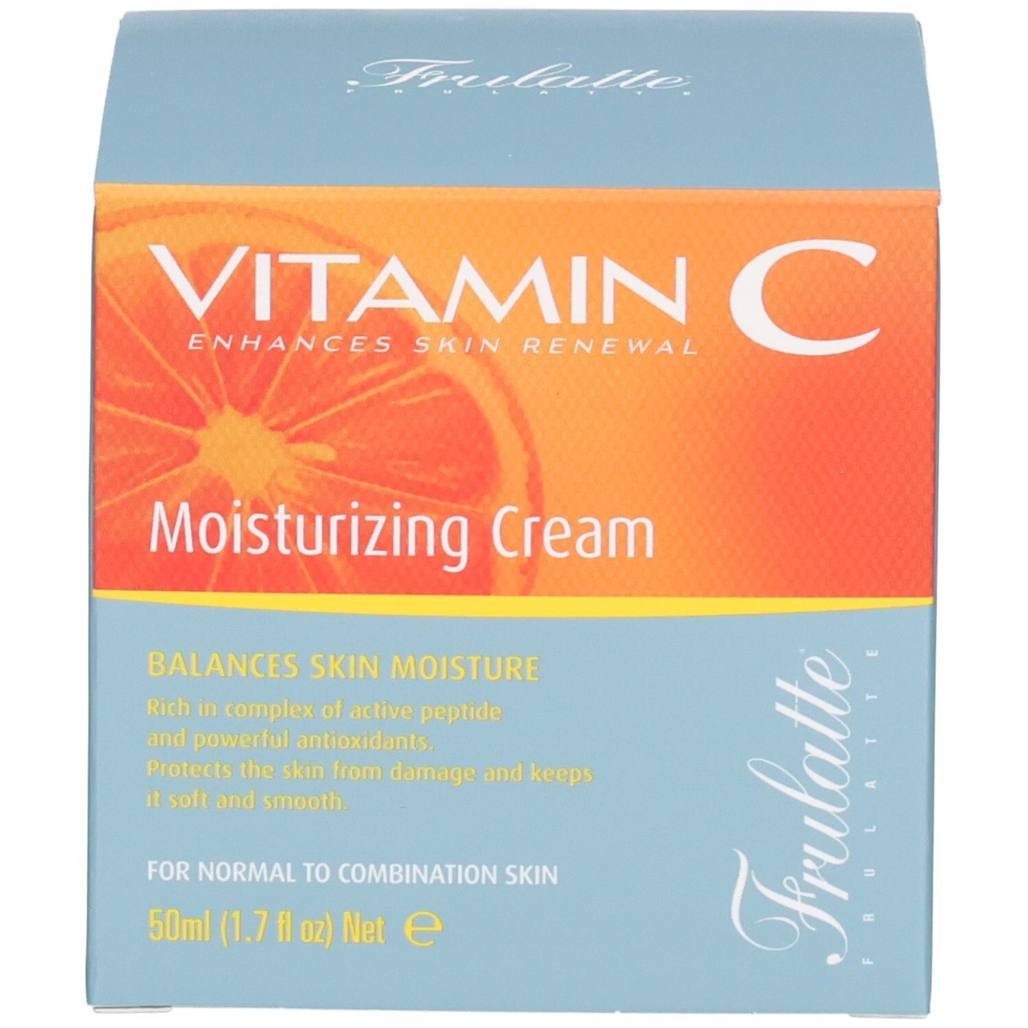 Scatola di cartone con scritta "VITAMIN C Moisturizing Cream" e "Frulatte".