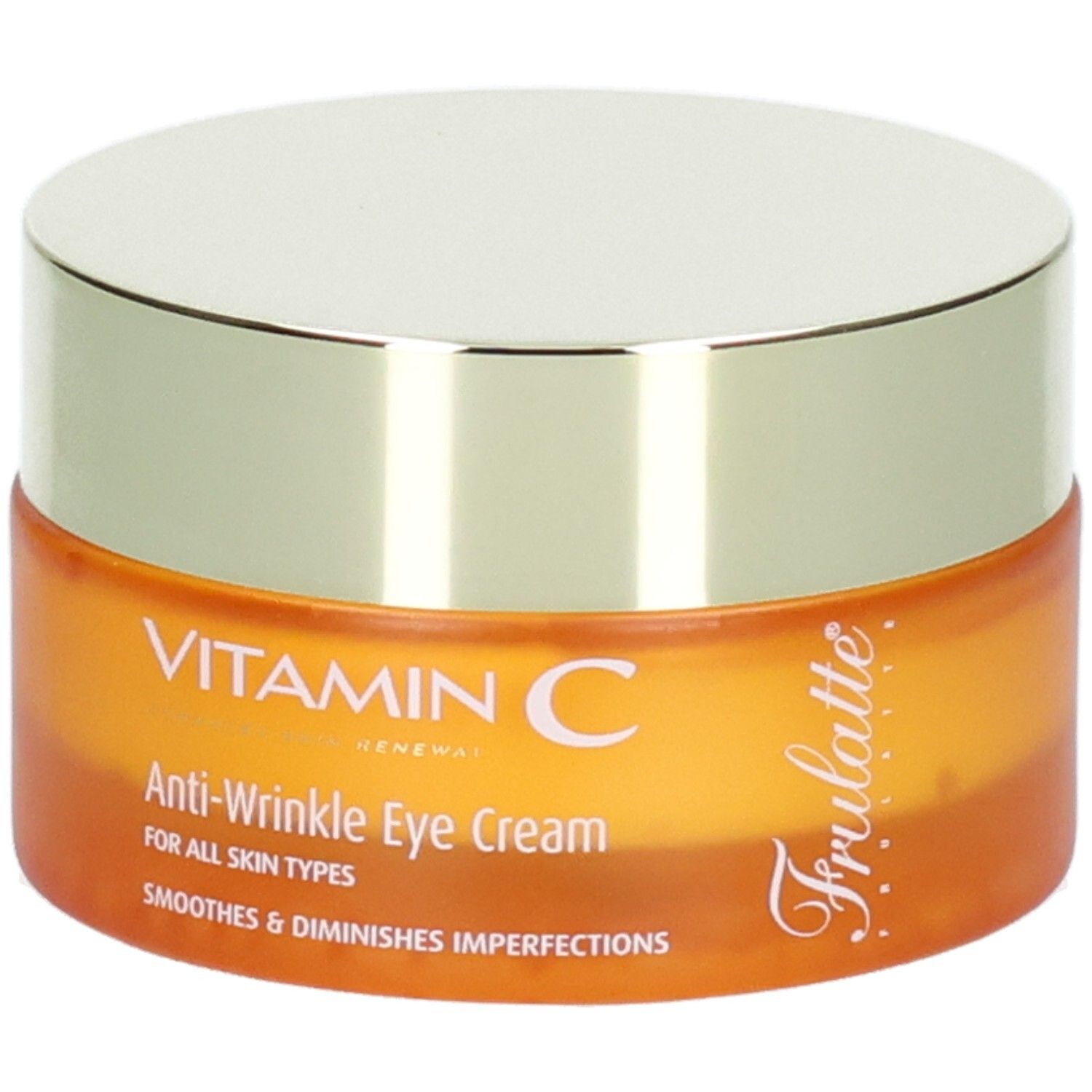 Vasetto arancione con coperchio argentato, stampato "VITAMIN C Anti-Wrinkle Eye Cream" e "Frulatte".