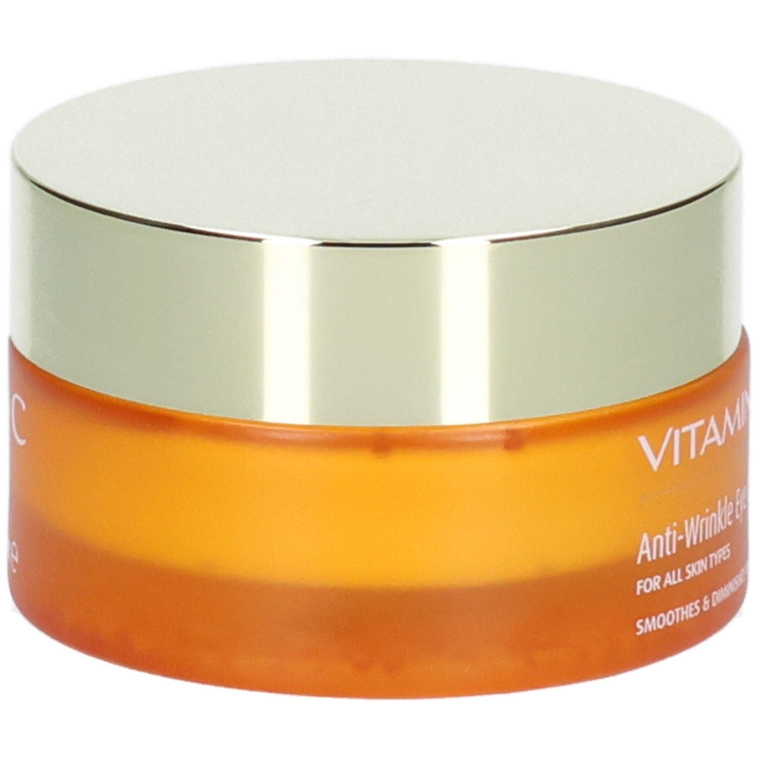 Vasetto arancione con coperchio argentato, stampato "VITAMIN C" e "Anti-Wrinkle Eye Cream".