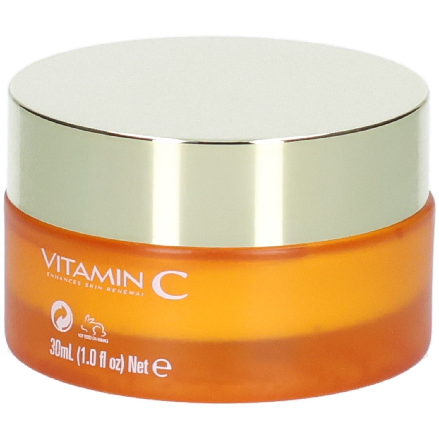 Vasetto arancione con coperchio argentato, stampato "VITAMIN C ENHANCES SKIN RENEWAL" e "30ml".