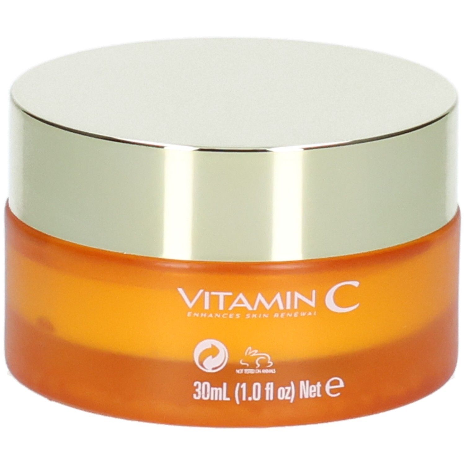 Vasetto arancione con coperchio argentato, stampato "VITAMIN C ENHANCES SKIN RENEWAL" e "30ml".