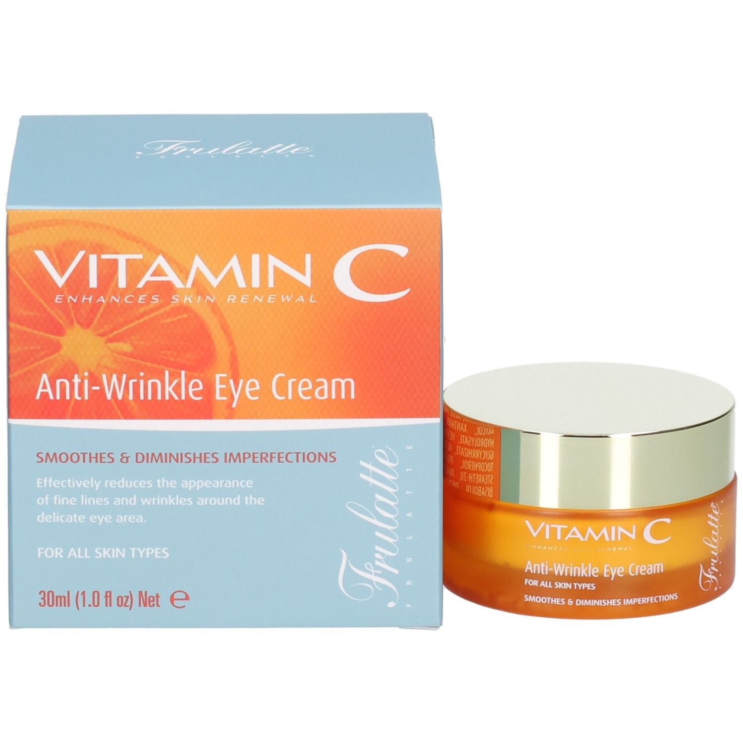Vasetto arancione con coperchio argentato accanto a una scatola blu, "VITAMIN C Anti-Wrinkle Eye Cream" su entrambi.
