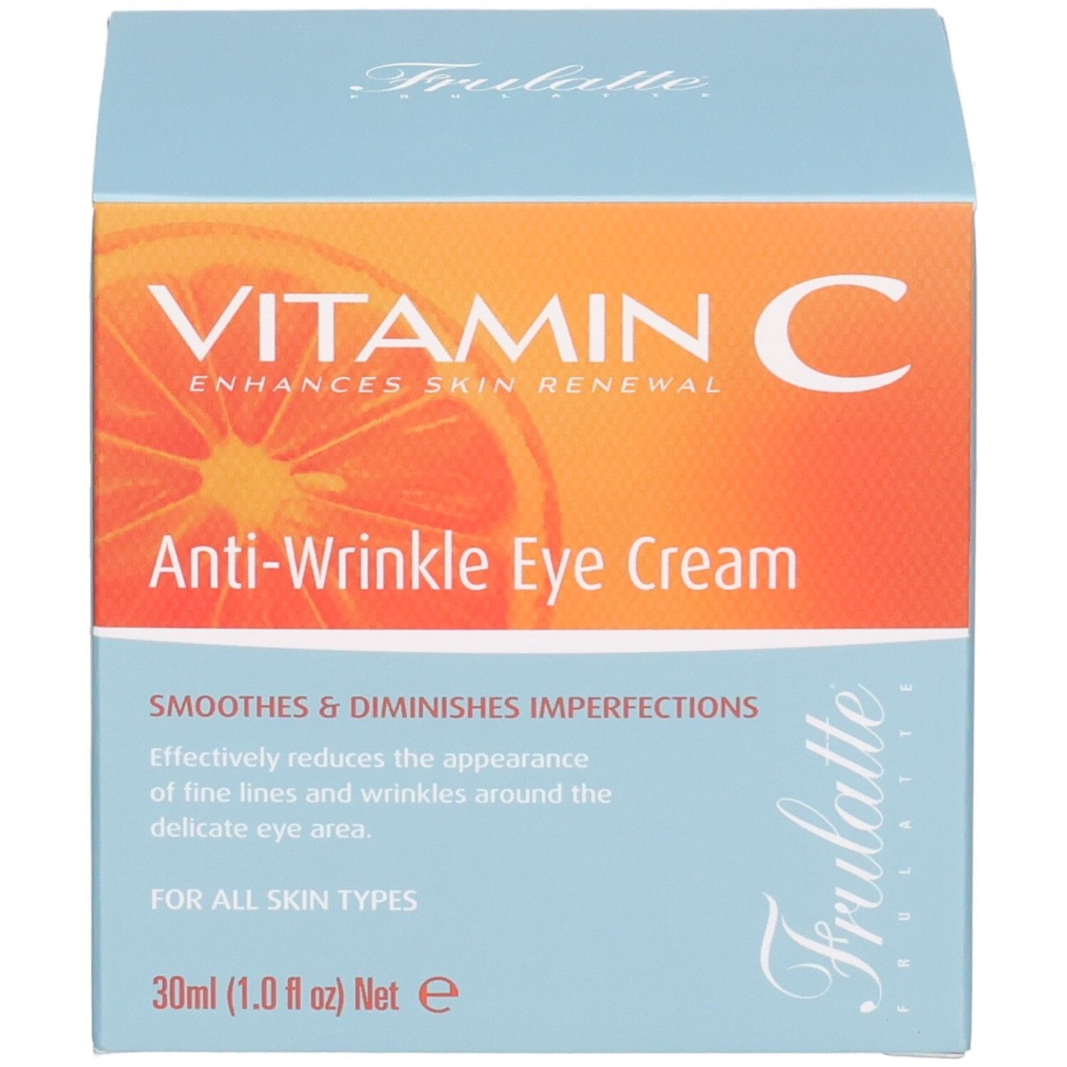 Scatola blu con motivo arancione, stampato "VITAMIN C Anti-Wrinkle Eye Cream" e "30ml".