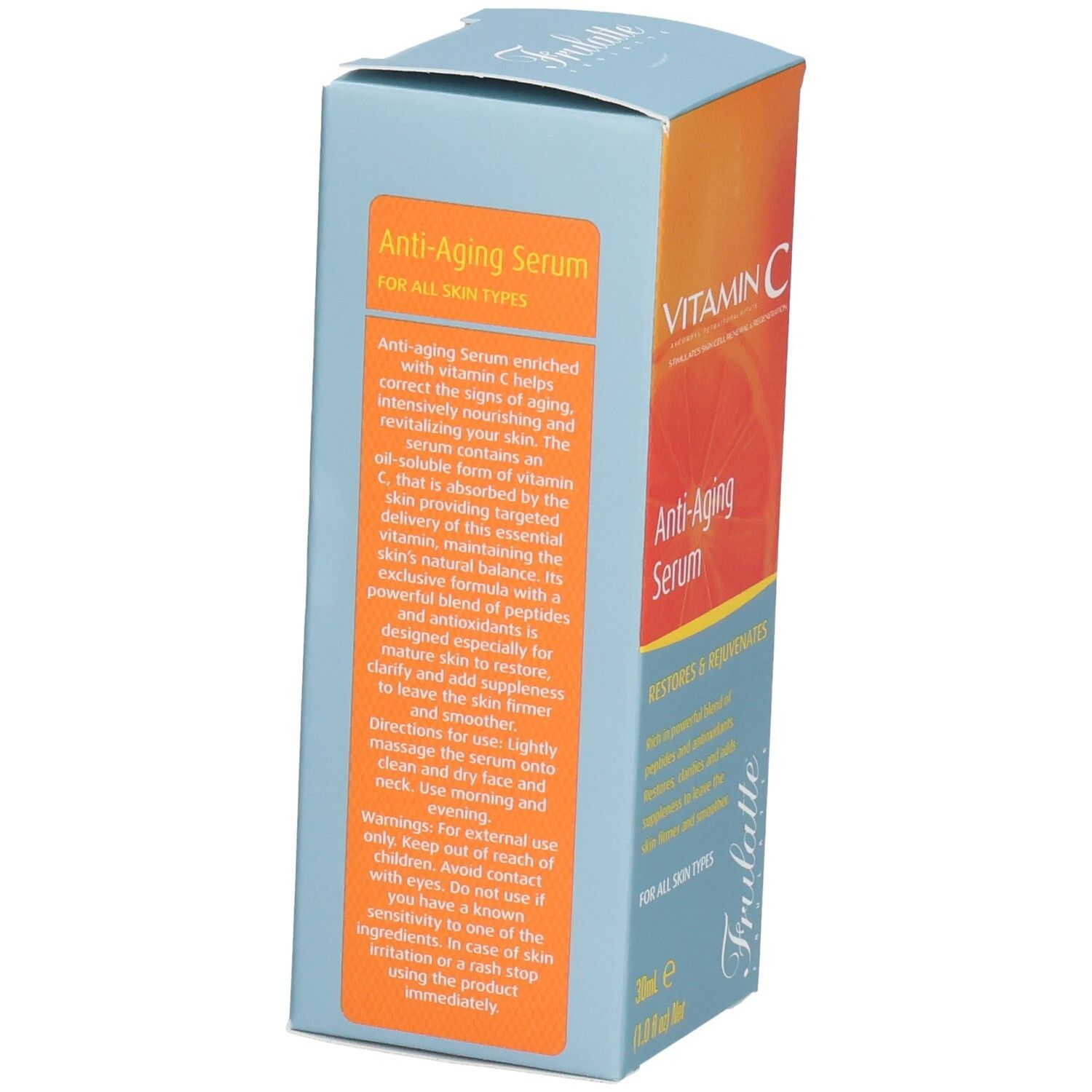 Retro della confezione del siero anti-età alla vitamina C, con istruzioni per l'uso.