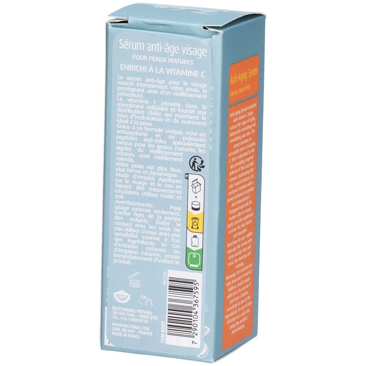 Vista laterale della confezione del siero anti-età alla vitamina C, con ingredienti e codice a barre.