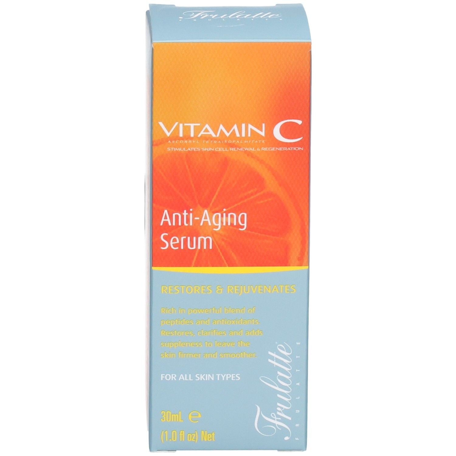 Confezione per siero anti-età alla vitamina C, 30ml, con motivo arancione.