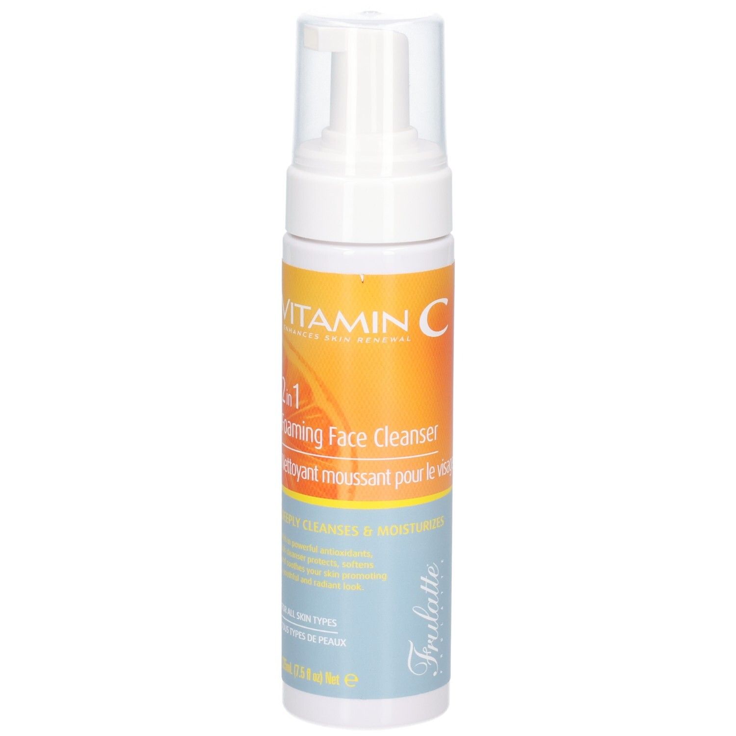 Flacone con erogatore a pompa, lato anteriore con etichetta: Vitamina C, detergente viso schiumogeno 2 in 1.