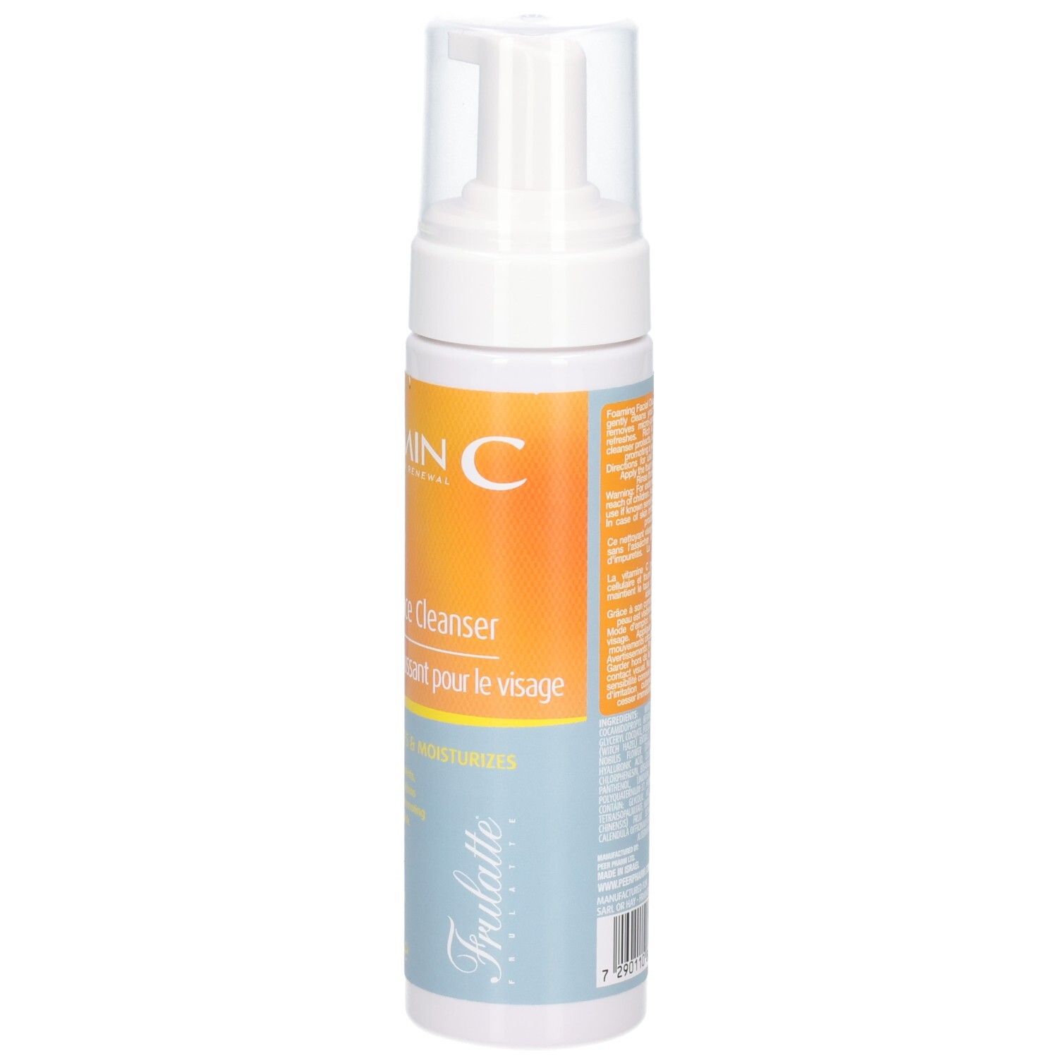 Flacone con erogatore a pompa, lato anteriore con etichetta: Vitamina C, detergente viso schiumogeno 2 in 1.