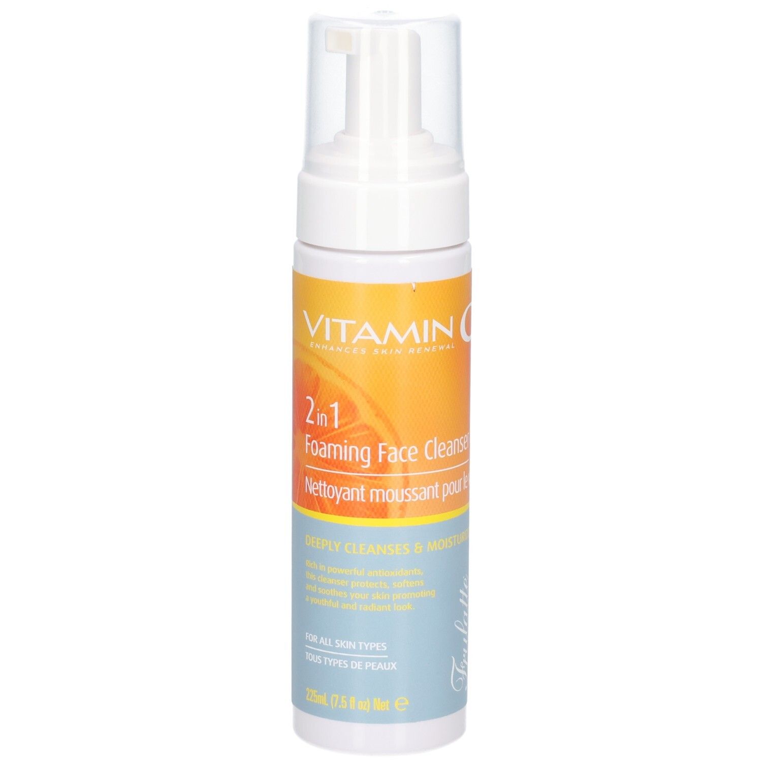 Flacone con erogatore a pompa, lato anteriore con etichetta: Vitamina C, detergente viso schiumogeno 2 in 1, 125ml.