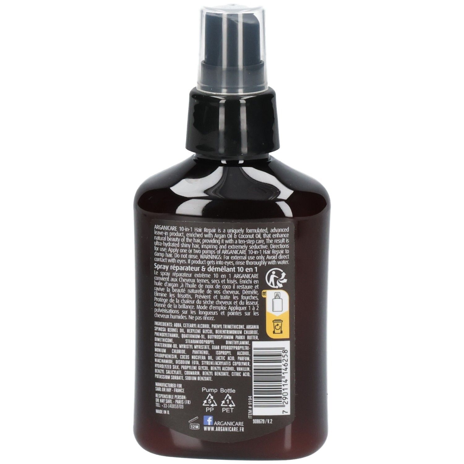 Arganicare Spray protettivo leave-in 10 in 1, vista posteriore con ingredienti e istruzioni.