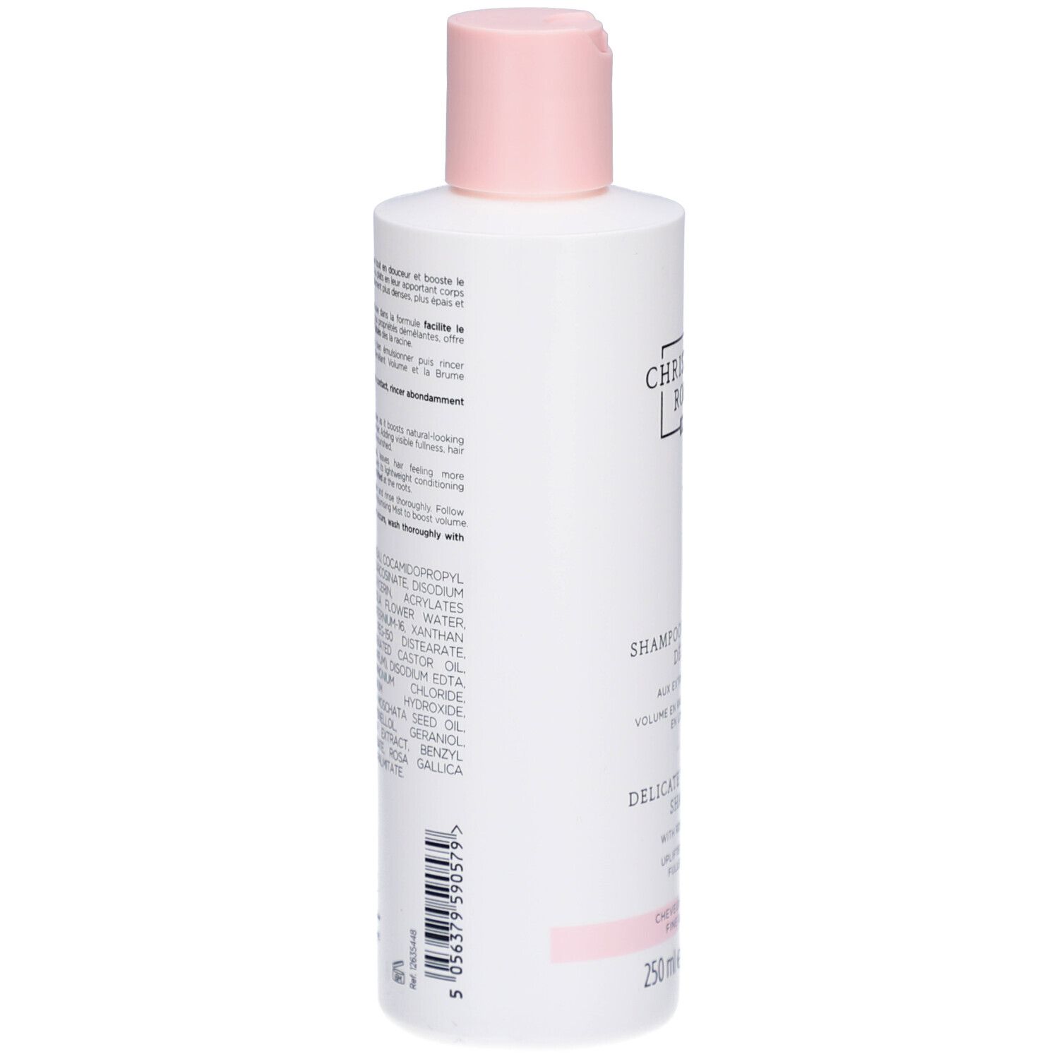 Retro di un flacone bianco con tappo rosa. Testo e ingredienti in più lingue. Codice a barre e informazioni di produzione.