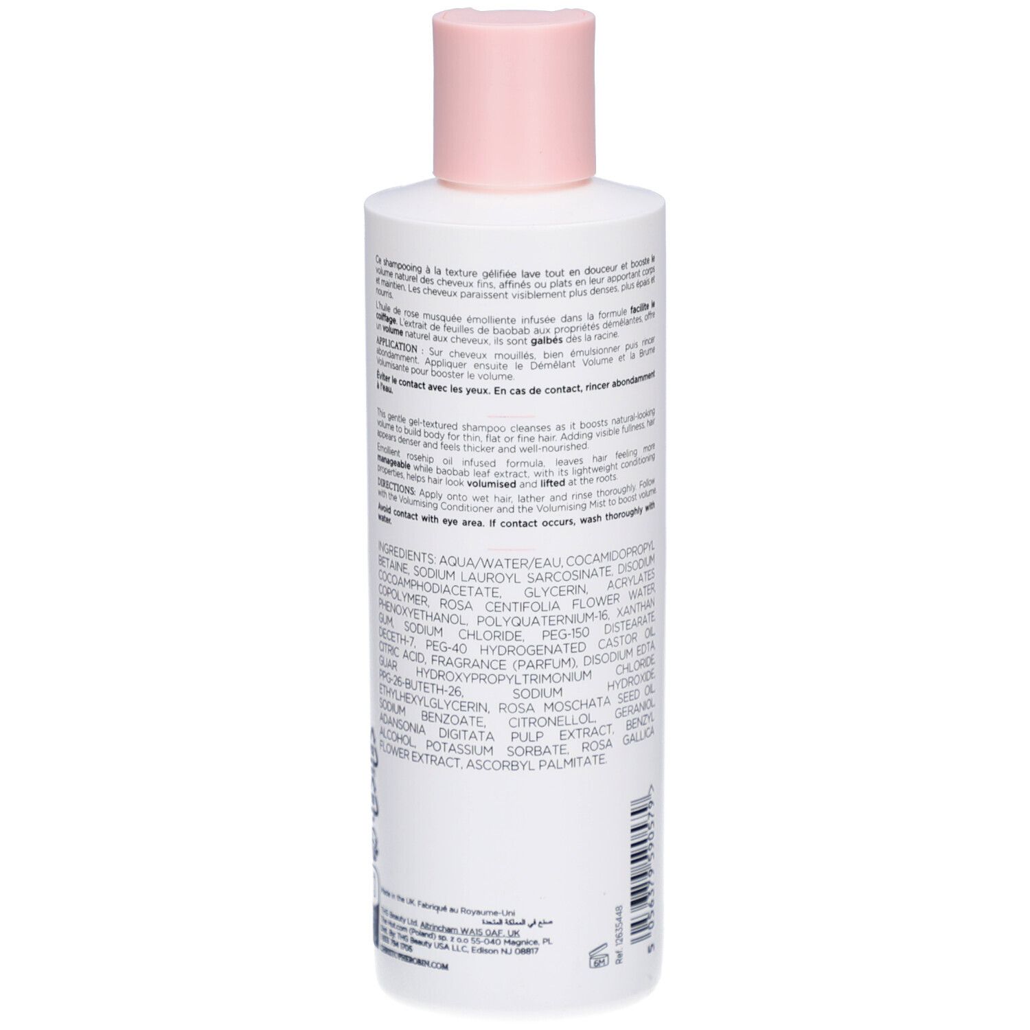 Retro di un flacone bianco con tappo rosa. Testo e ingredienti in più lingue. Codice a barre e informazioni di produzione.