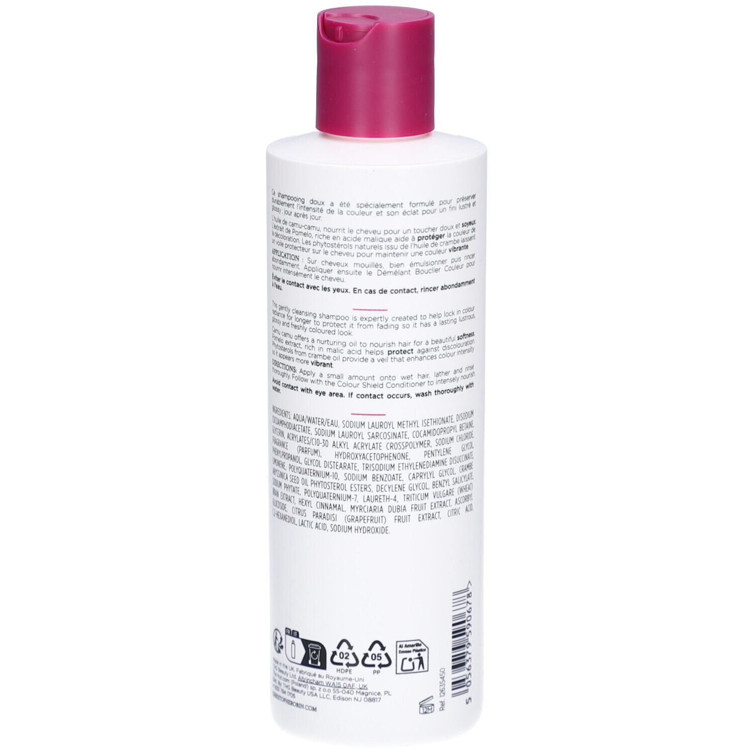 Retro del flacone. Testo multilingue. Ingredienti e istruzioni per l'uso.