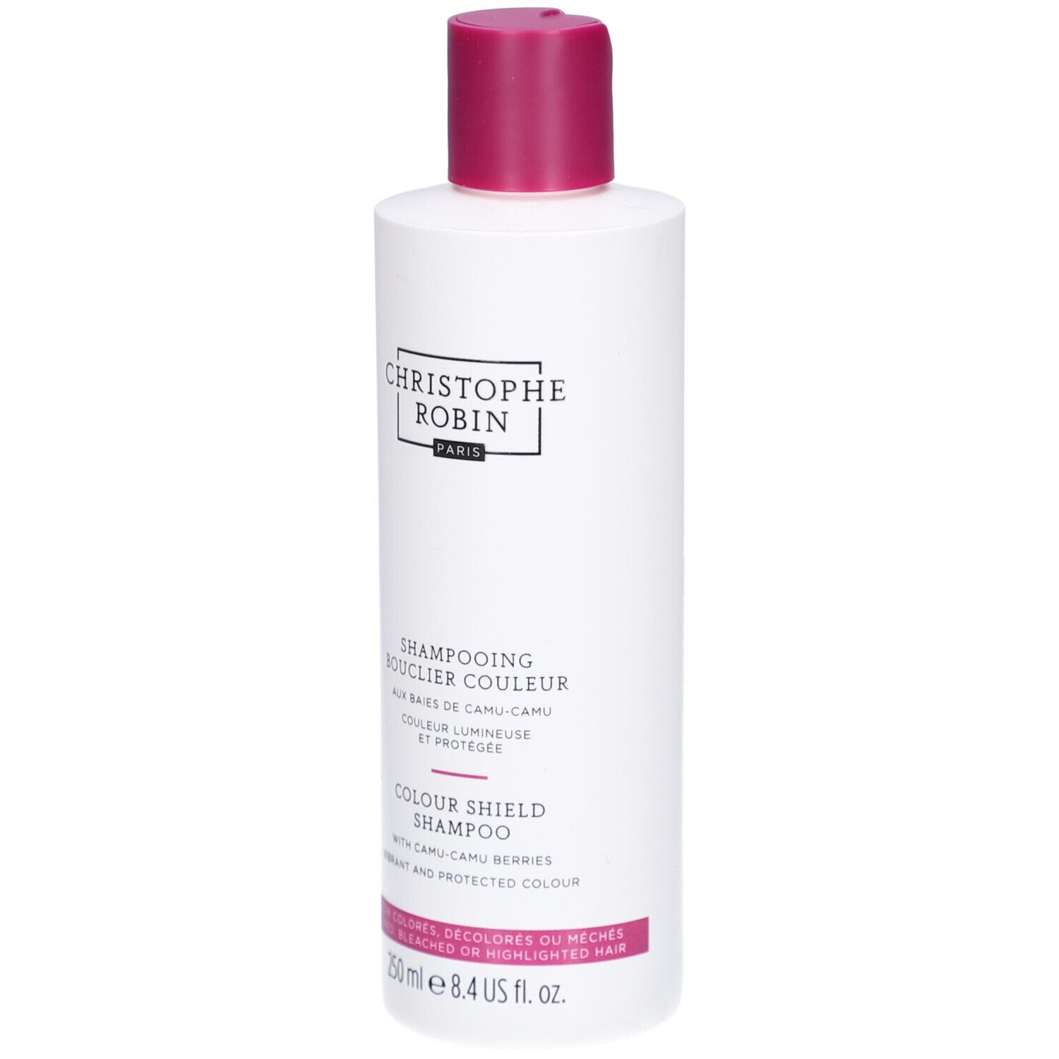 Flacone bianco con tappo rosa. Scritte: Christophe Robin, Shampooing Bouclier Couleur, Colour Shield Shampoo.
