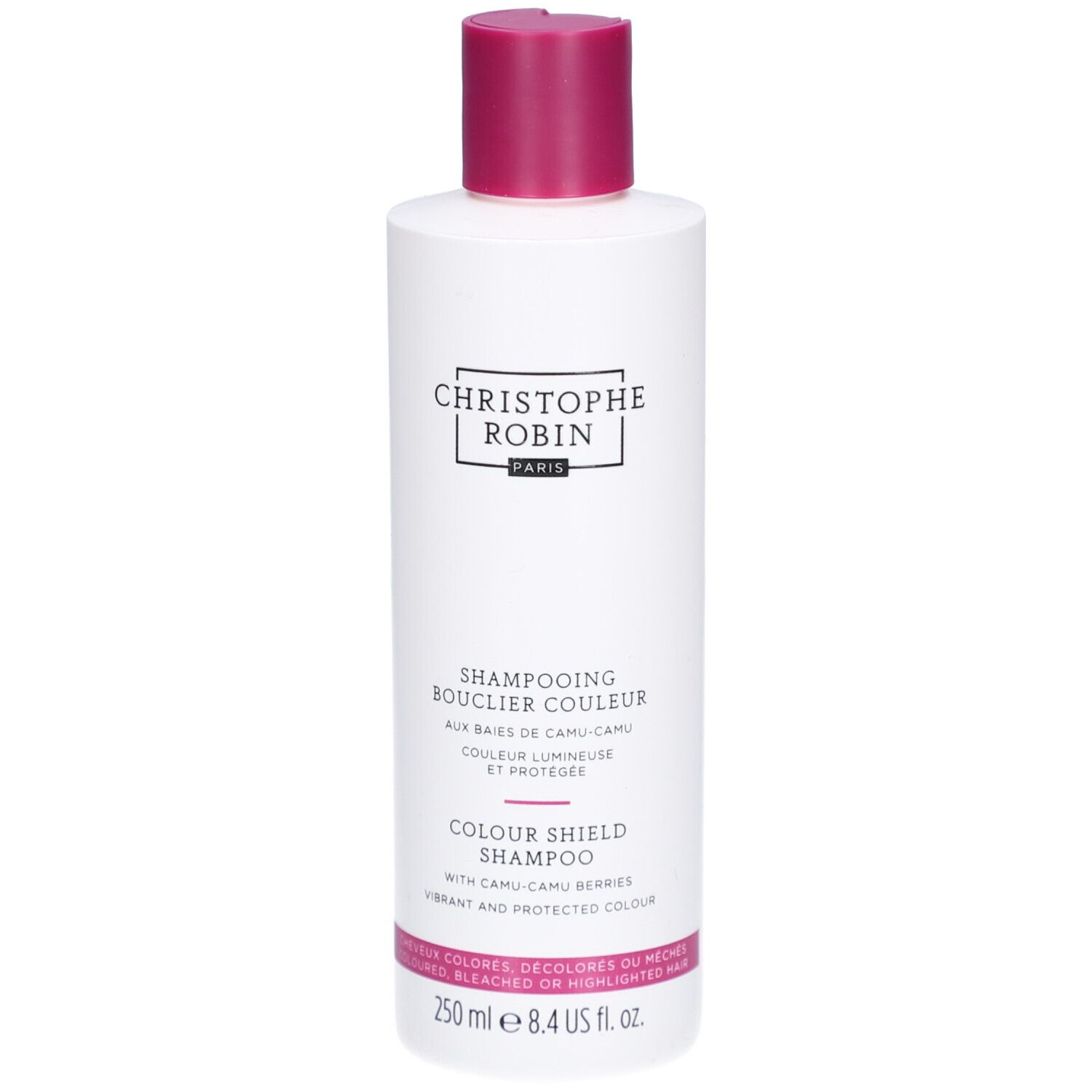 Flacone bianco con tappo rosa. Scritte: Christophe Robin, Shampooing Bouclier Couleur, Colour Shield Shampoo.