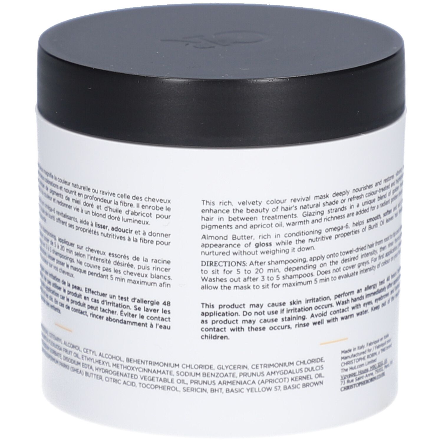 Vaso bianco, coperchio nero. Testo: Christophe Robin, Soin Nuanceur de Couleur, Blond Doré. Ingredienti.