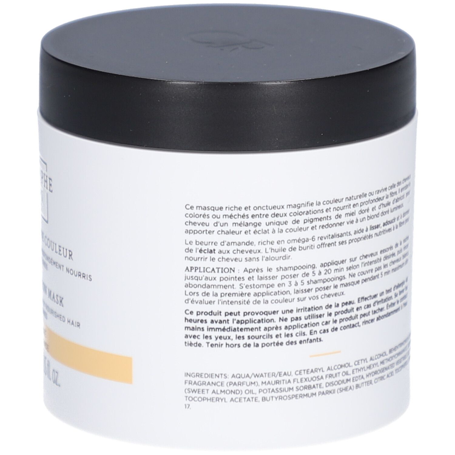 Vaso bianco, coperchio nero. Testo: Christophe Robin, Soin Nuanceur de Couleur, Blond Doré. Applicazione.