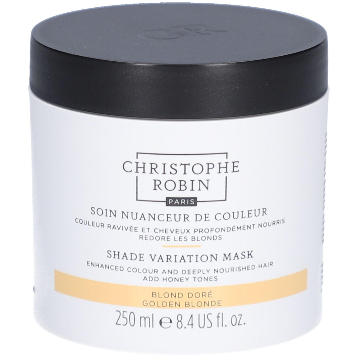 Vaso bianco, coperchio nero. Testo: Christophe Robin, Soin Nuanceur de Couleur, Blond Doré. 250 ml.