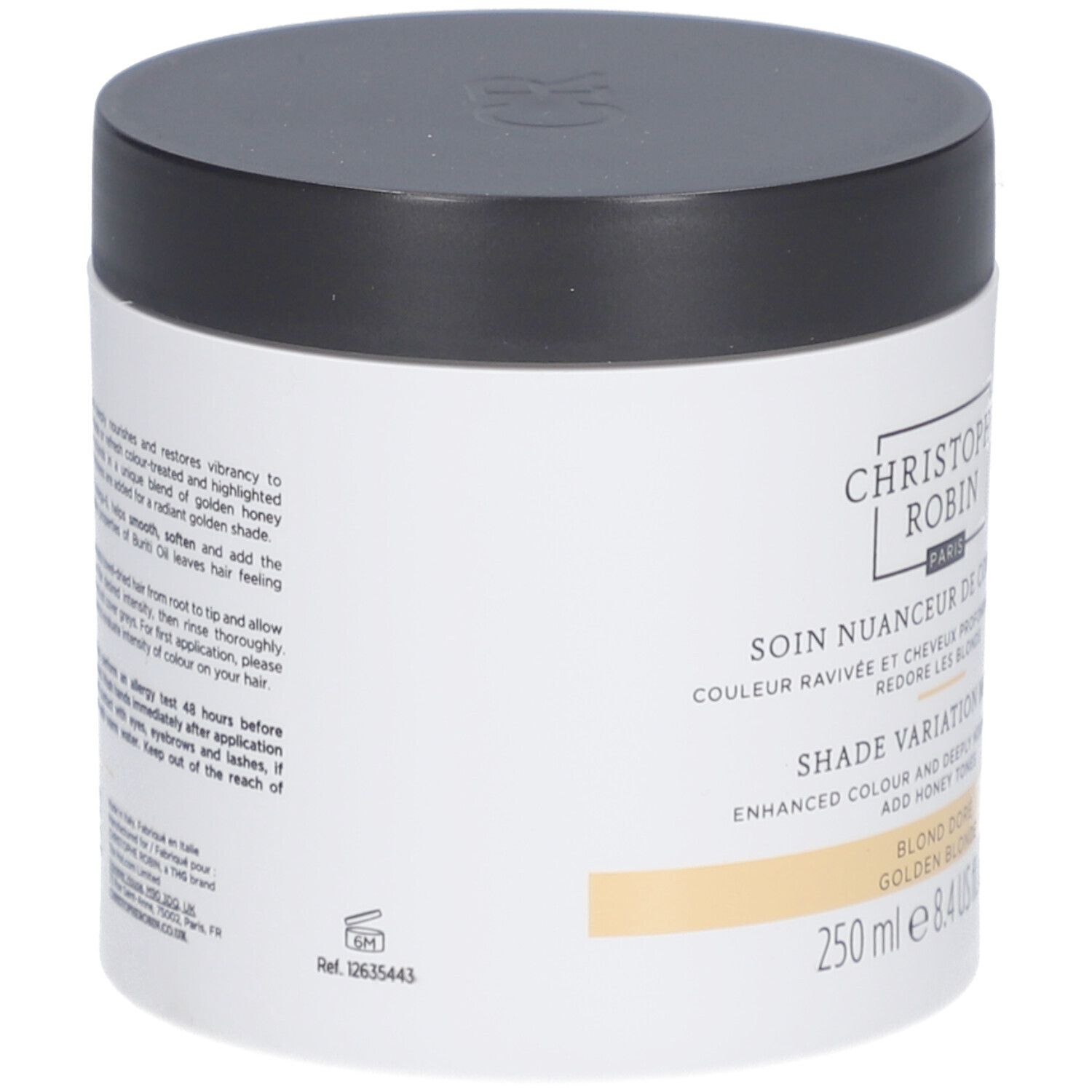 Vaso bianco, coperchio nero. Testo: Christophe Robin, Soin Nuanceur de Couleur, Blond Doré. 250 ml.