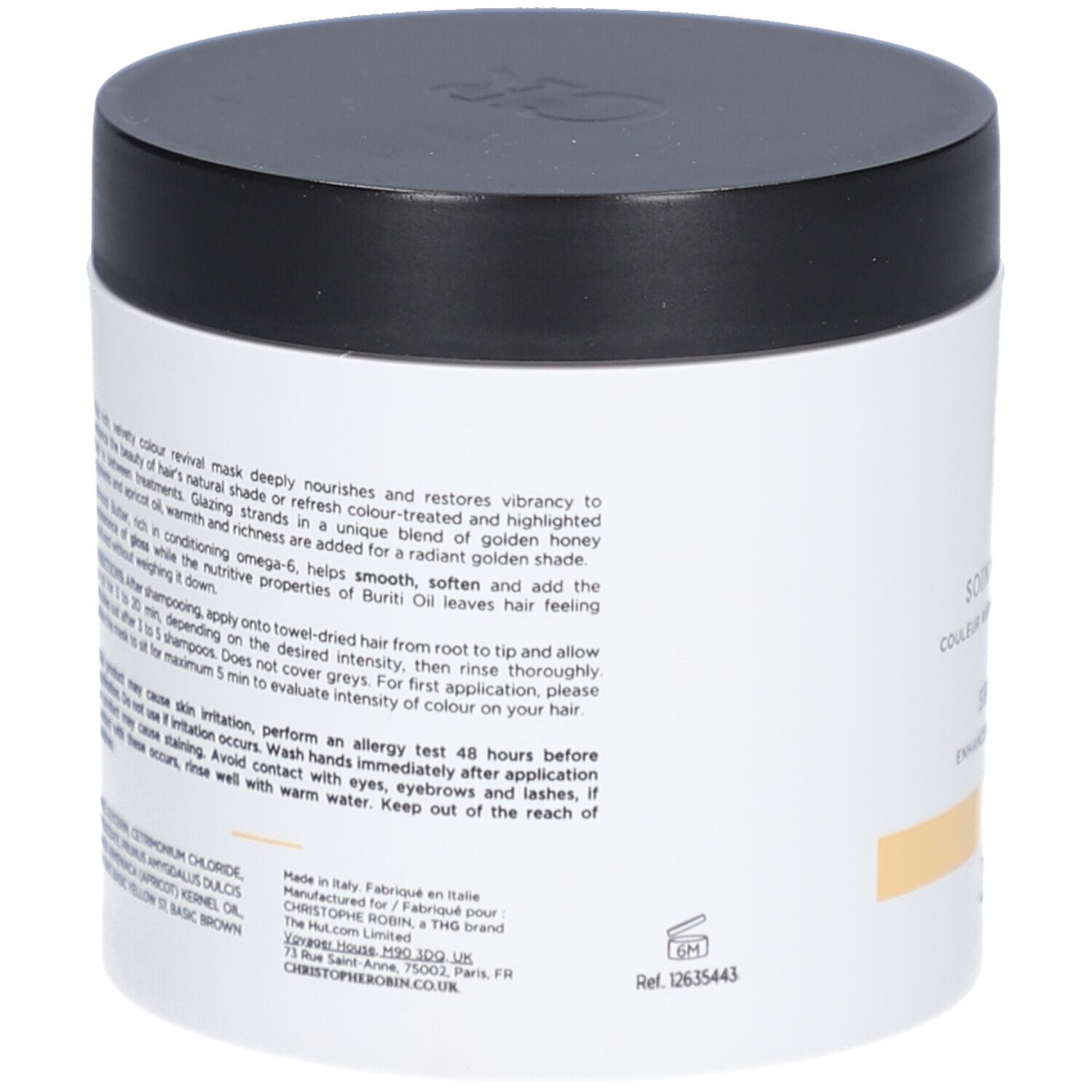 Vaso bianco, coperchio nero. Testo: Christophe Robin, Soin Nuanceur de Couleur, Blond Doré. 250 ml.