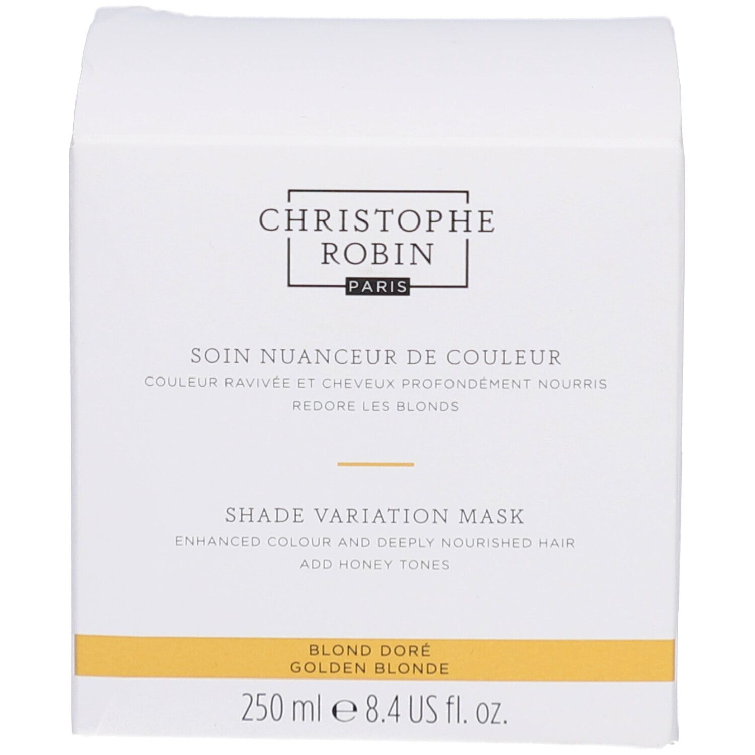 Confezione bianca. Testo: Christophe Robin, Soin Nuanceur de Couleur, Blond Doré. 250 ml.