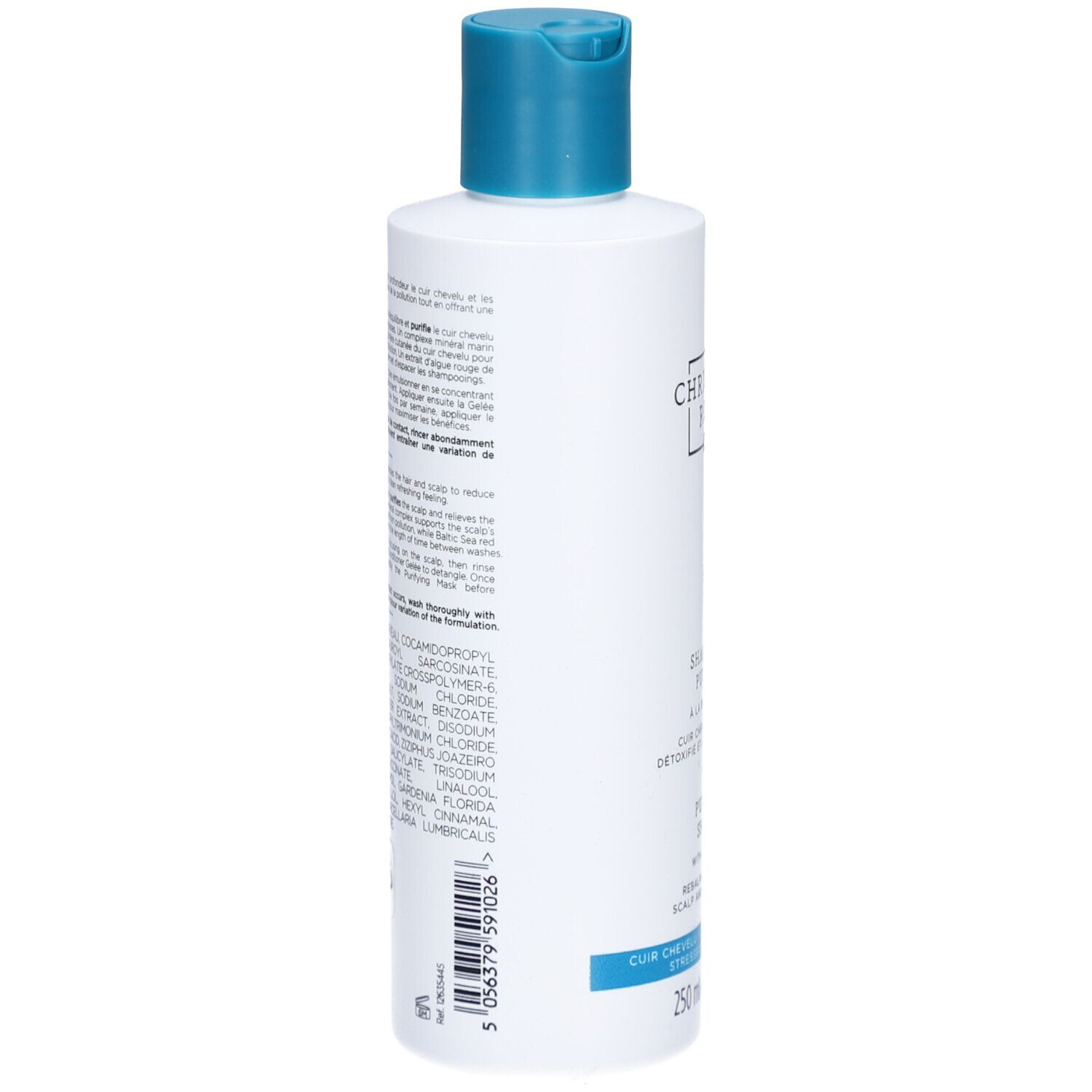 Retro del flacone di shampoo. Testo multilingue, ingredienti e informazioni del produttore.