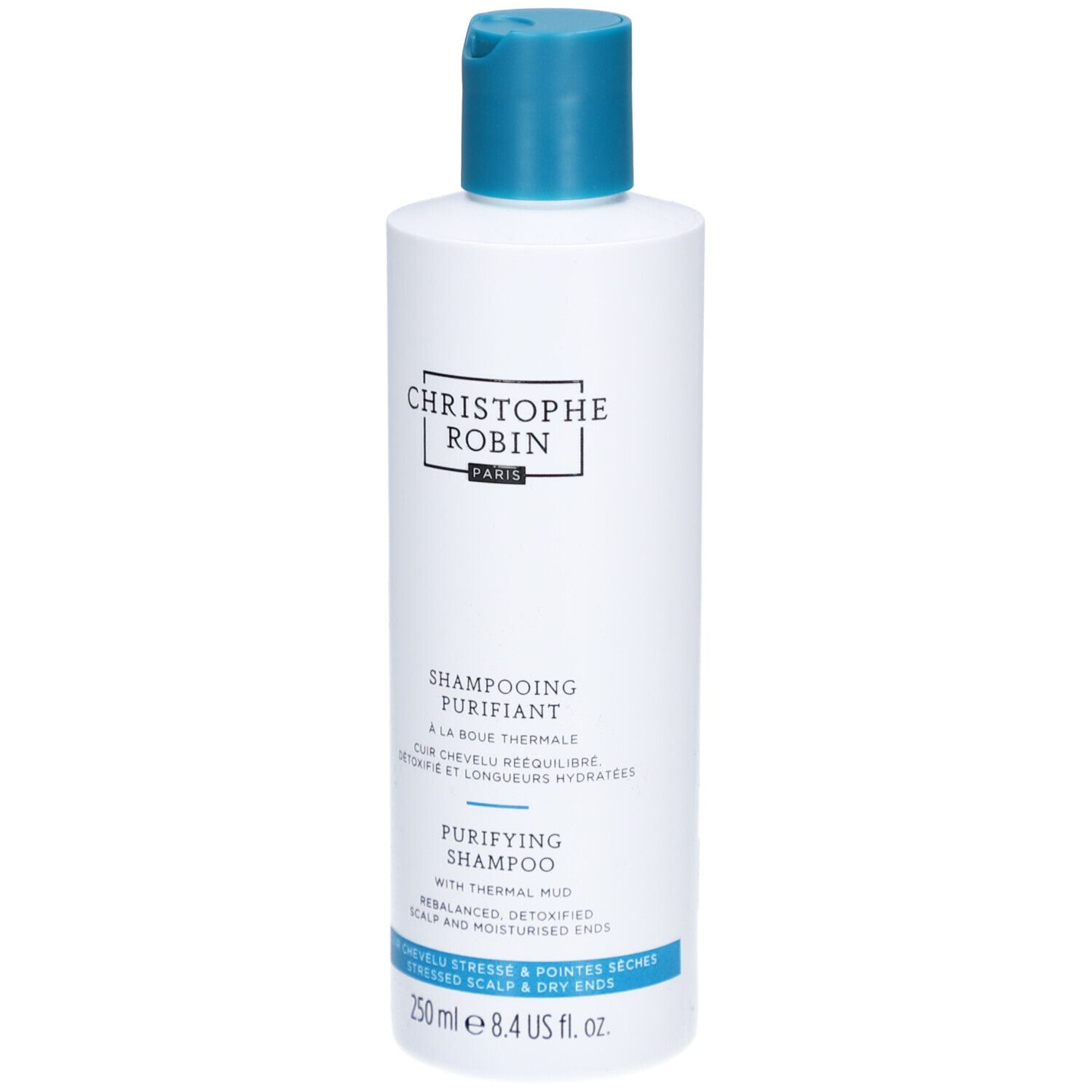 Flacone di shampoo bianco e blu. Scritta: Christophe Robin, Shampooing Purifiant, 250 ml.