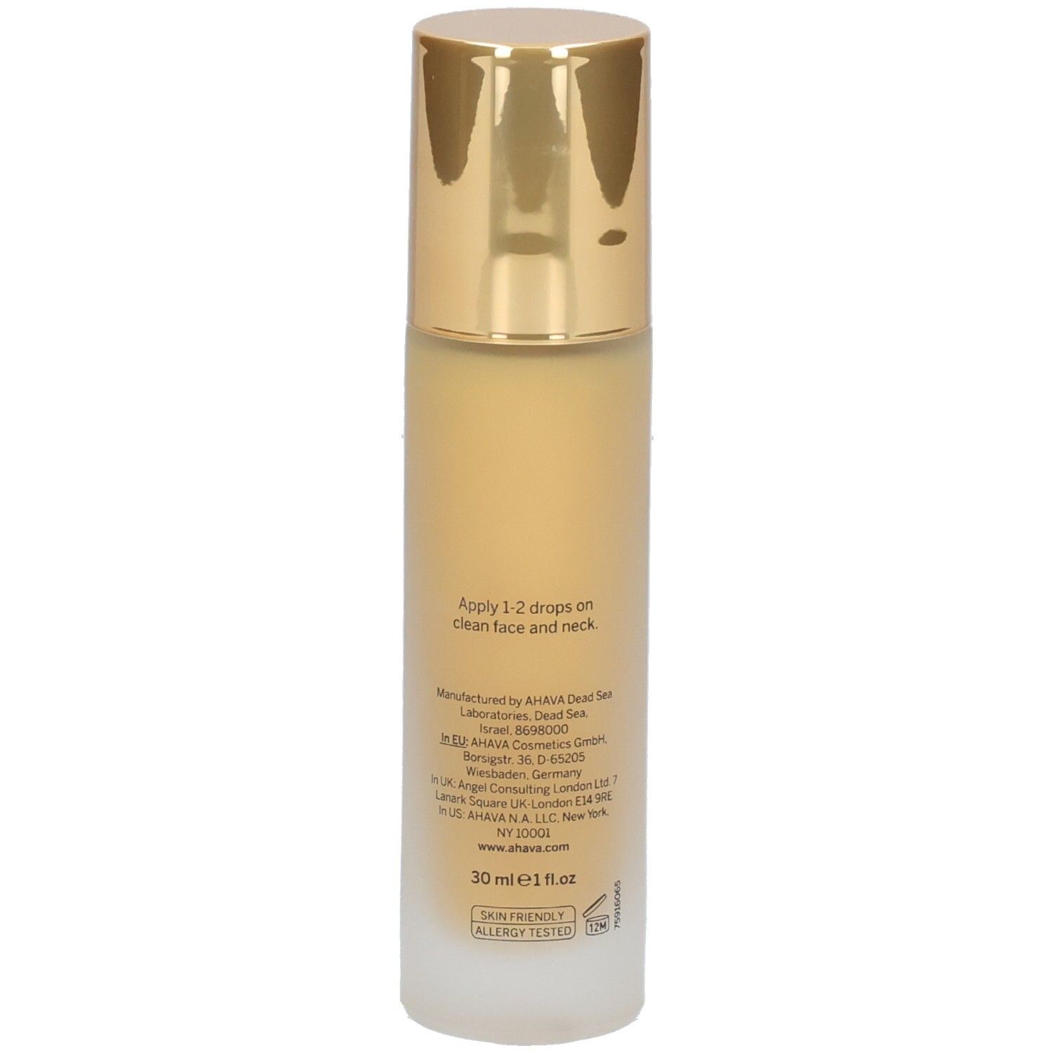 Siero Ahava Multivitamin C+. Retro del flacone. Testo con istruzioni per l'uso e produttore.