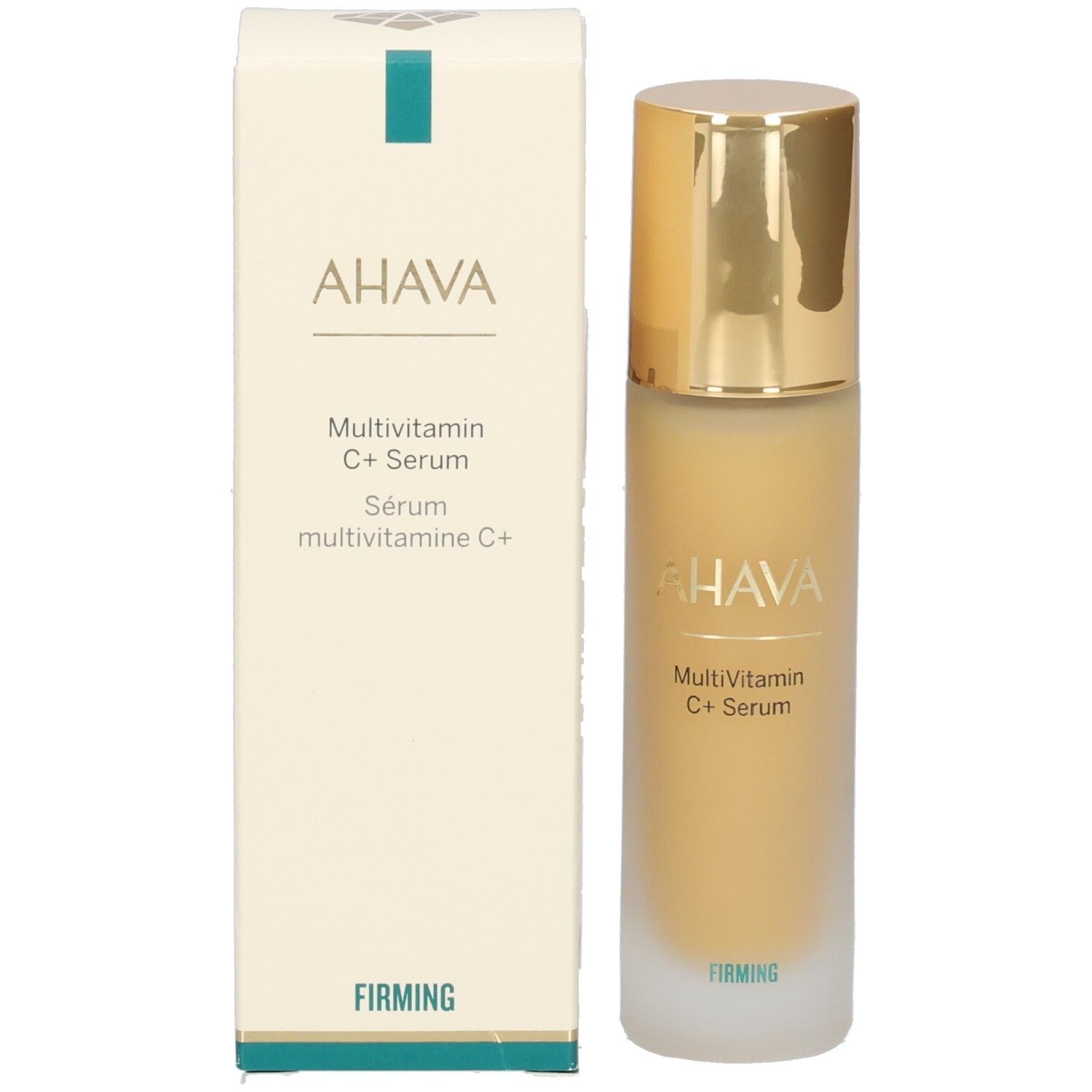 Siero Ahava Multivitamin C+. Confezione. Scritte: AHAVA, Multivitamin C+ Serum, Firming.